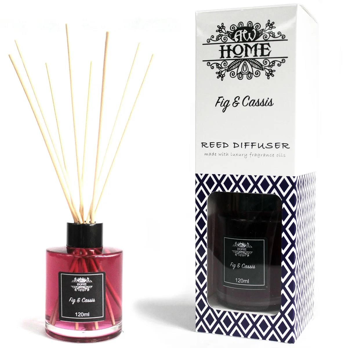 120ml reed diffuser with wooden sticks in a clear glass bottle labeled Fig & Cassis home fragrance diffuser