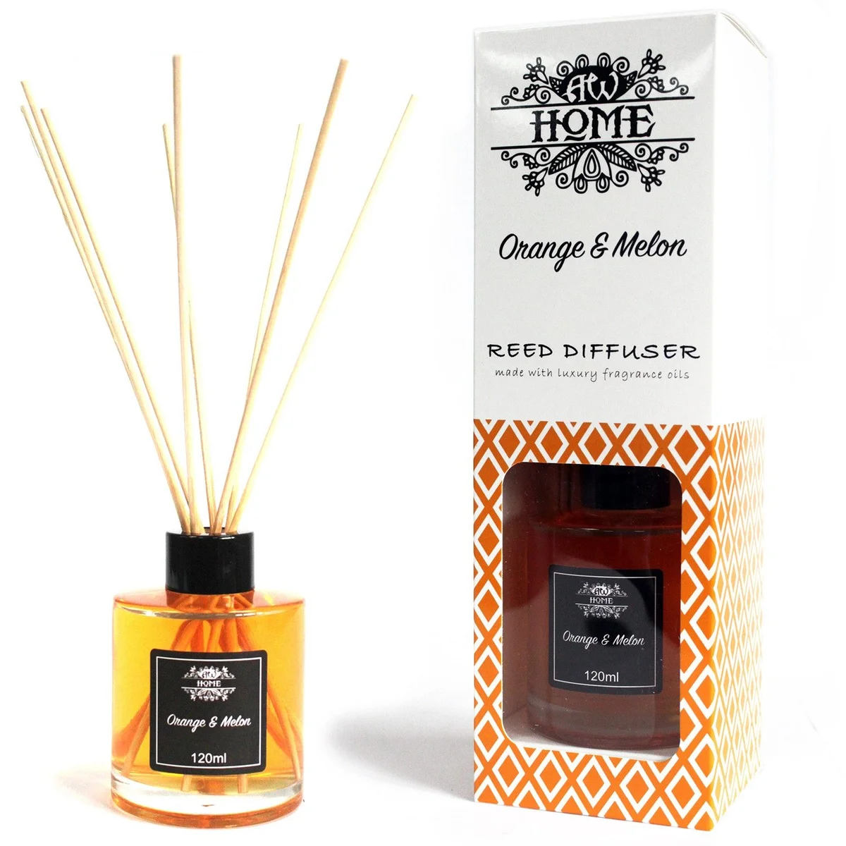 120ml orange melon reed diffuser with wooden reeds in a clear glass bottle on a white background