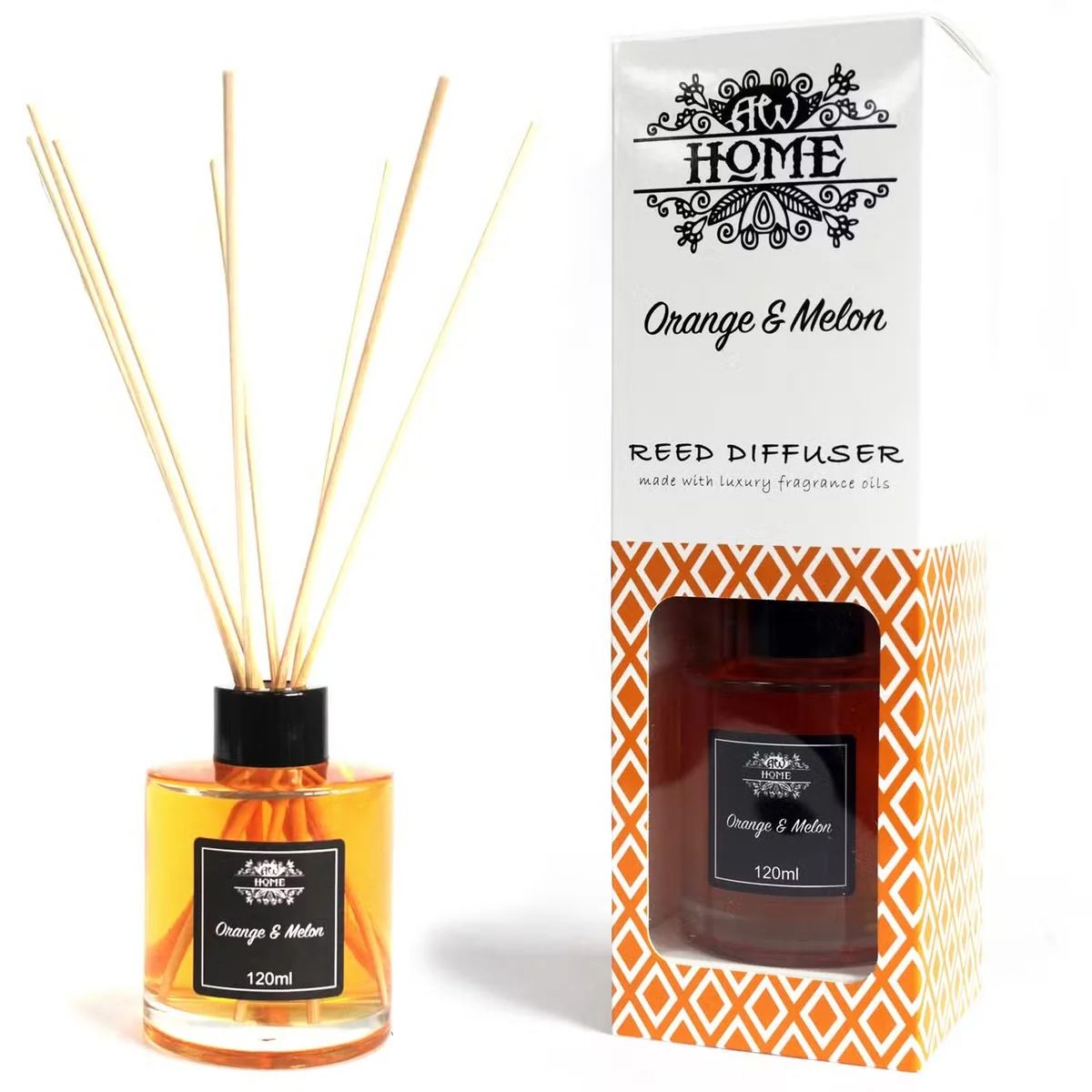 120ml citrus scented diffuser with orange and melon fragrance in clear glass bottle with natural reeds on white background