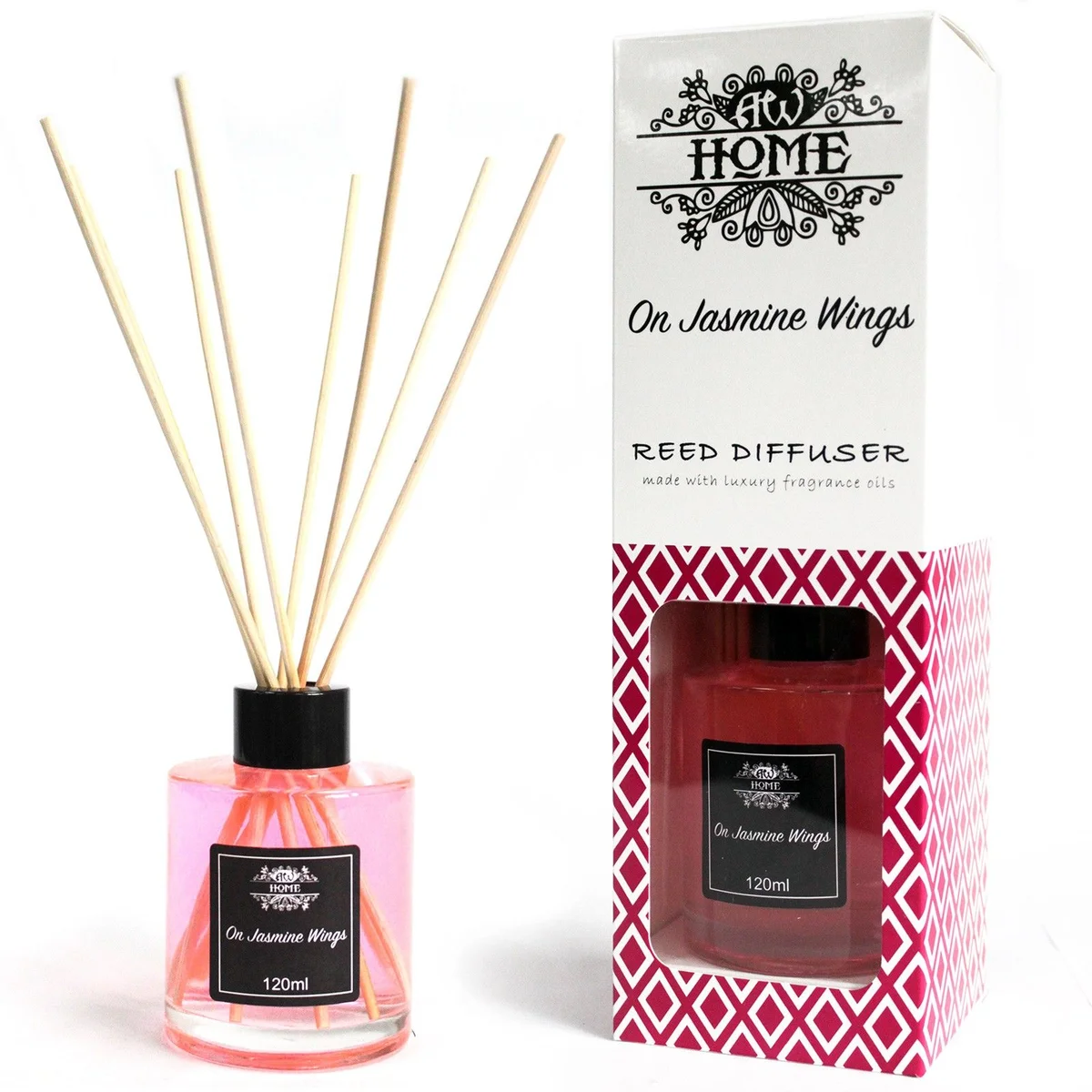 120ml jasmine reed diffuser with slender reeds in a clear glass bottle labeled On Jasmine Wings