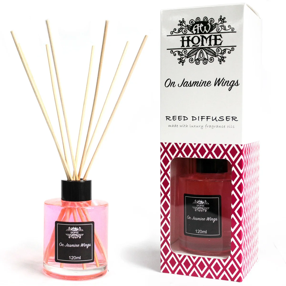 120ml On Jasmine Wings home fragrance diffuser with slender reeds in a clear glass bottle on a white background
