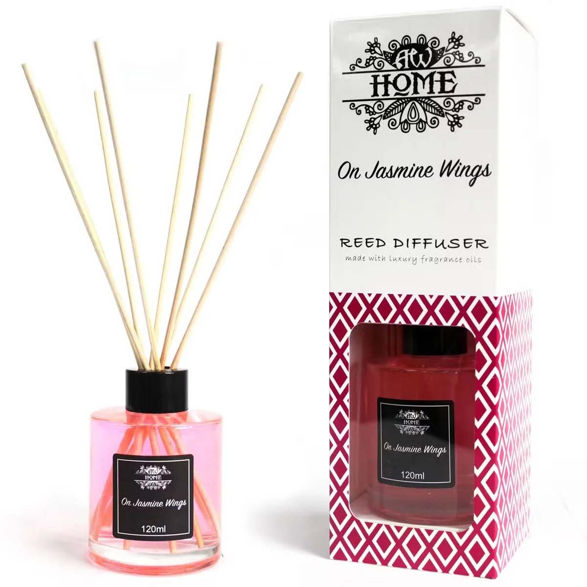 120ml jasmine scented diffuser with slender reeds in a clear glass bottle labeled On Jasmine Wings