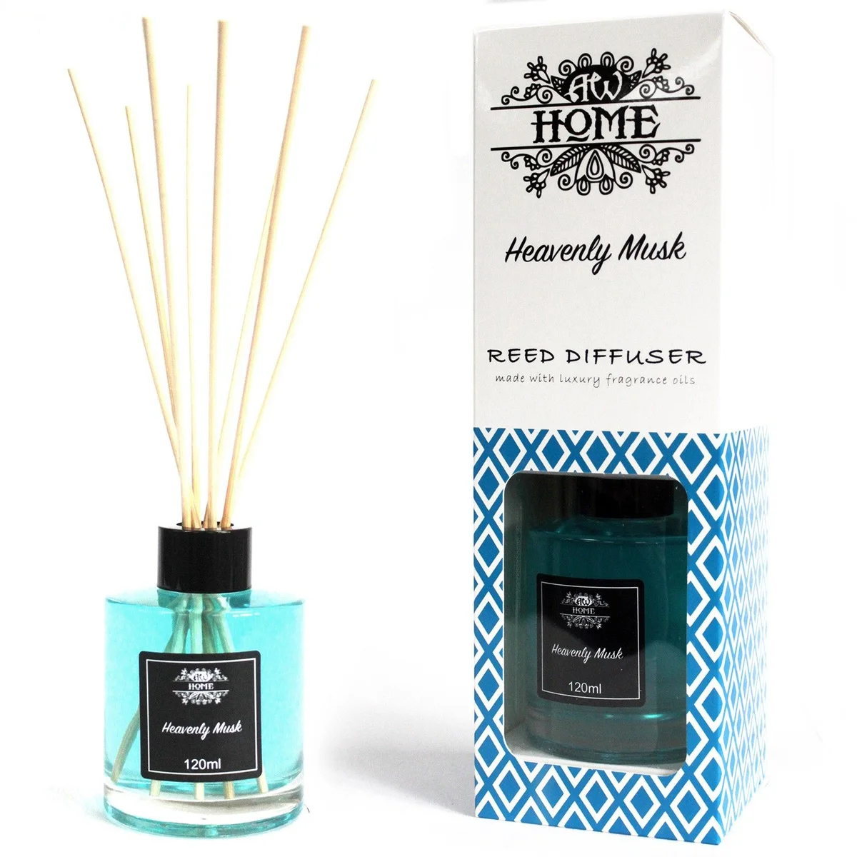 120ml Heavenly Musk reed diffuser with slender reeds in a clear glass bottle on a white background