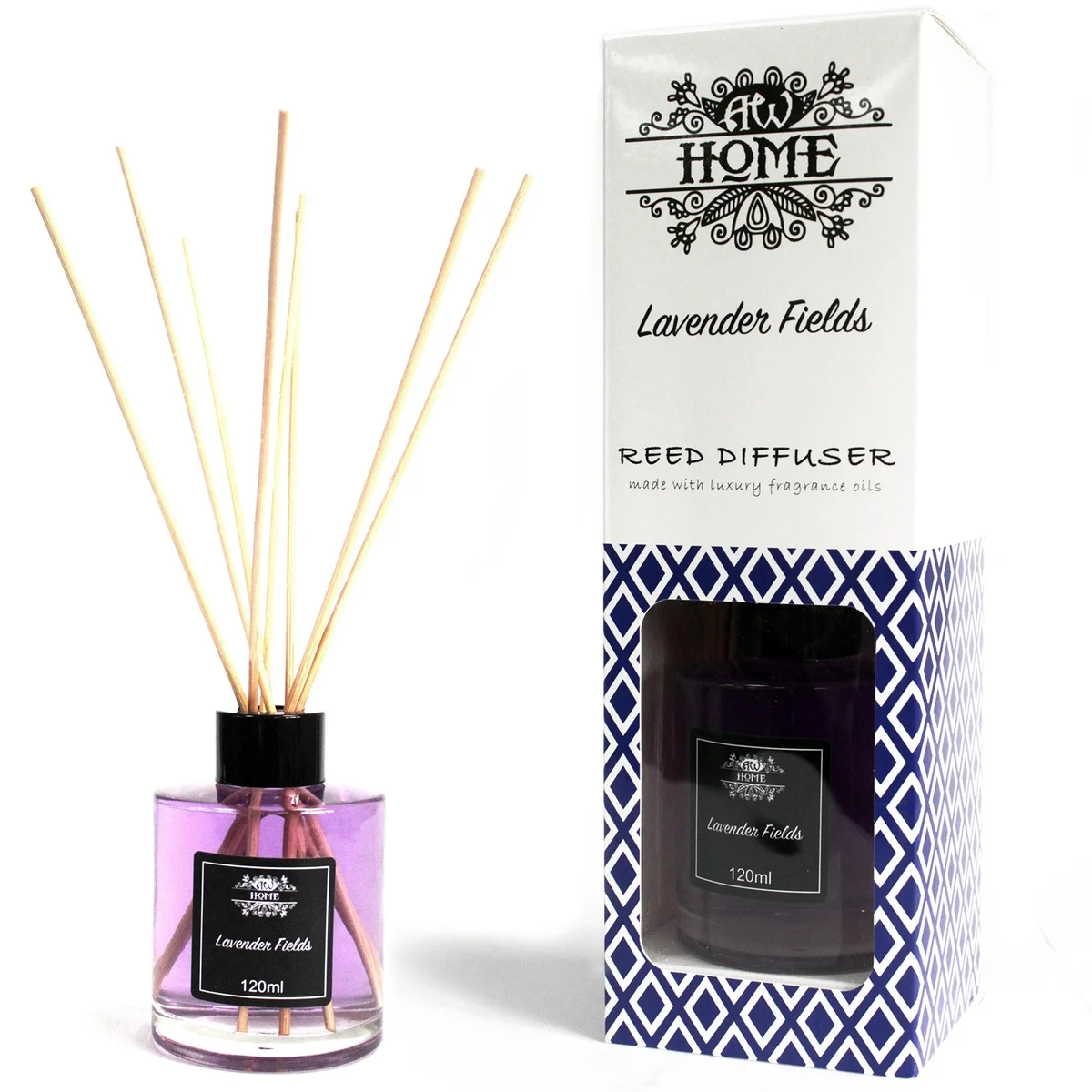 120ml lavender fragrance diffuser with slender reeds in clear glass bottle labeled Lavender Fields on white background