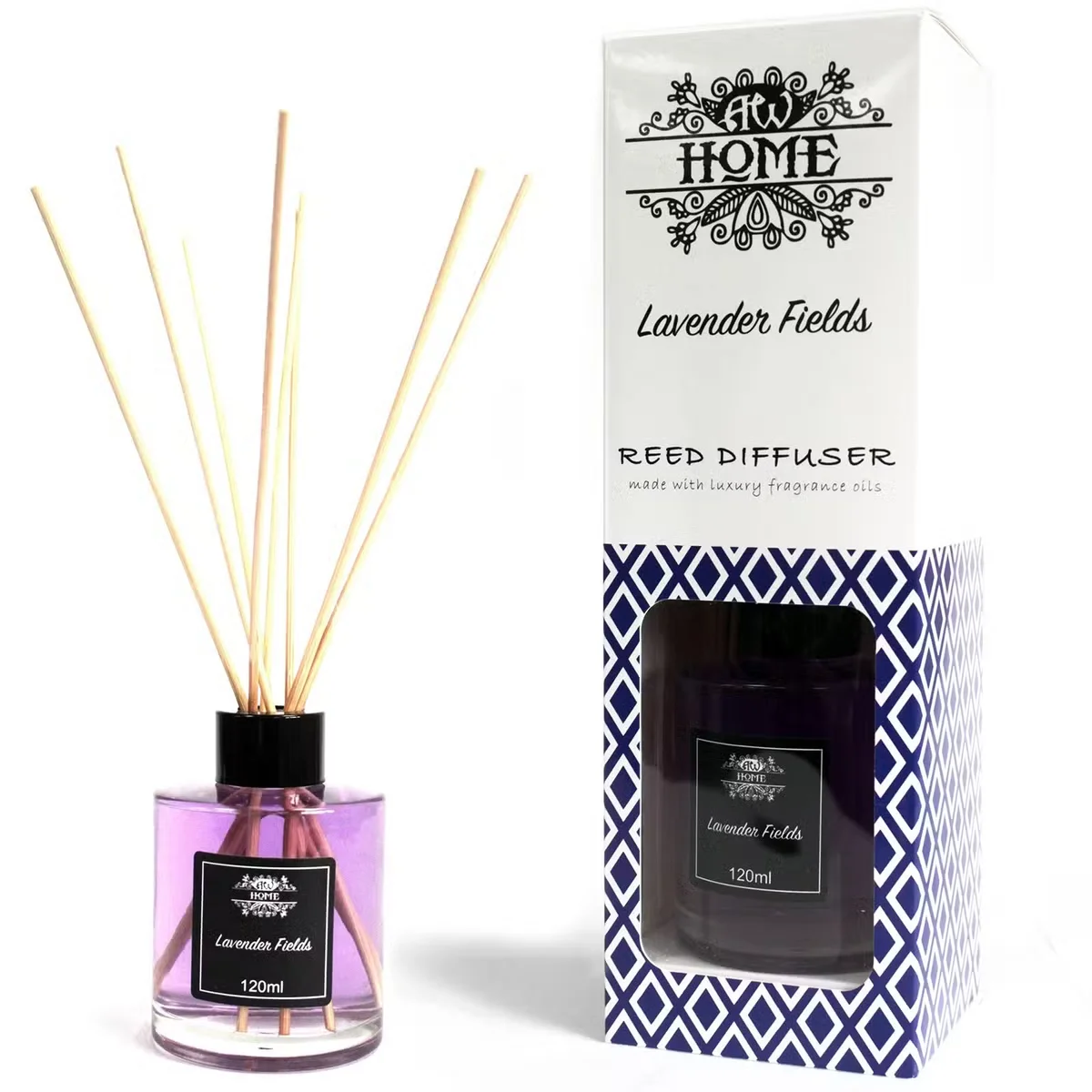 120ml Lavender Fields home fragrance diffuser with reeds in a clear glass bottle on a white background