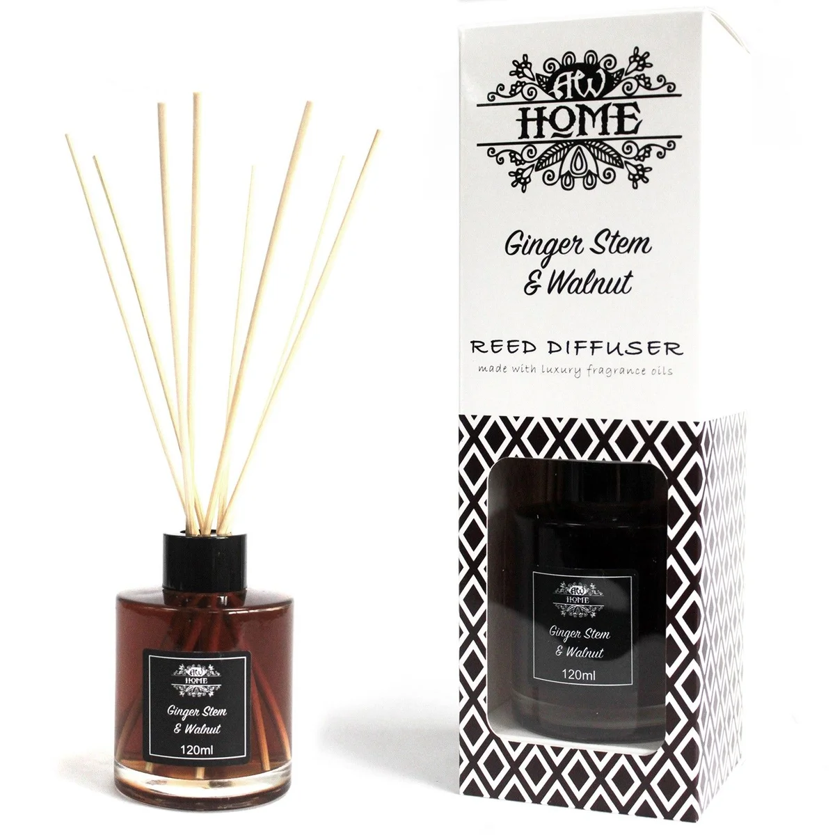 120ml ginger stem reed diffuser with wooden reeds and amber glass bottle on white background