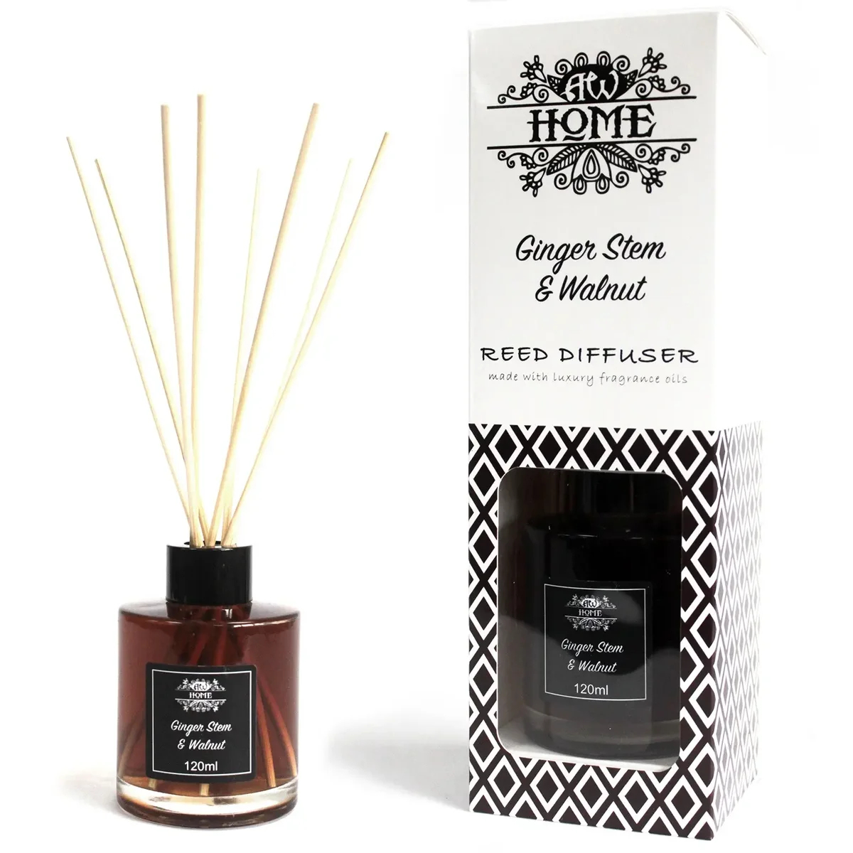120ml reed diffuser with amber glass bottle, wooden cap, and natural reed sticks for Ginger Stem & Walnut scent