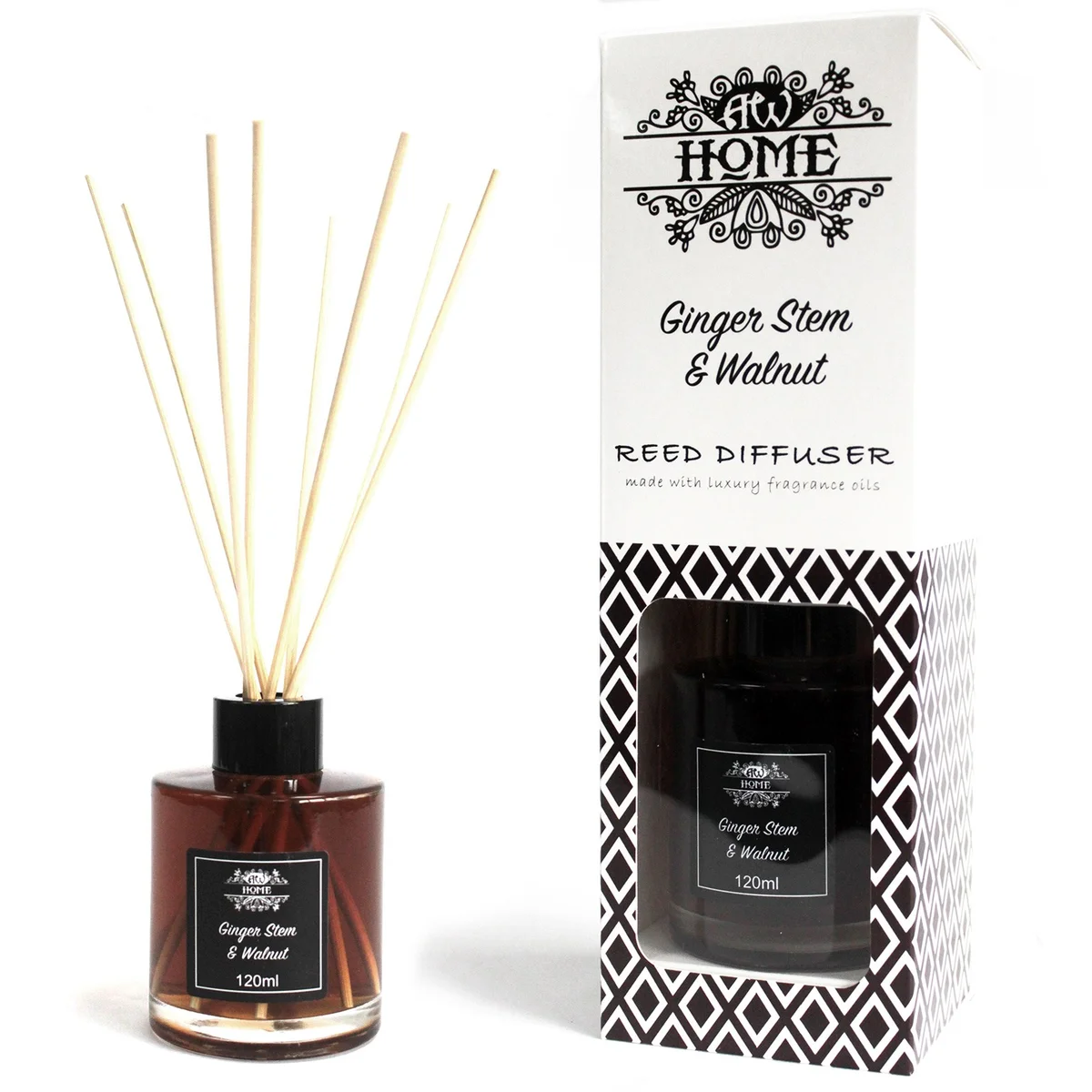 120ml reed diffuser with wooden sticks and amber glass bottle, walnut scented diffuser with ginger stem fragrance