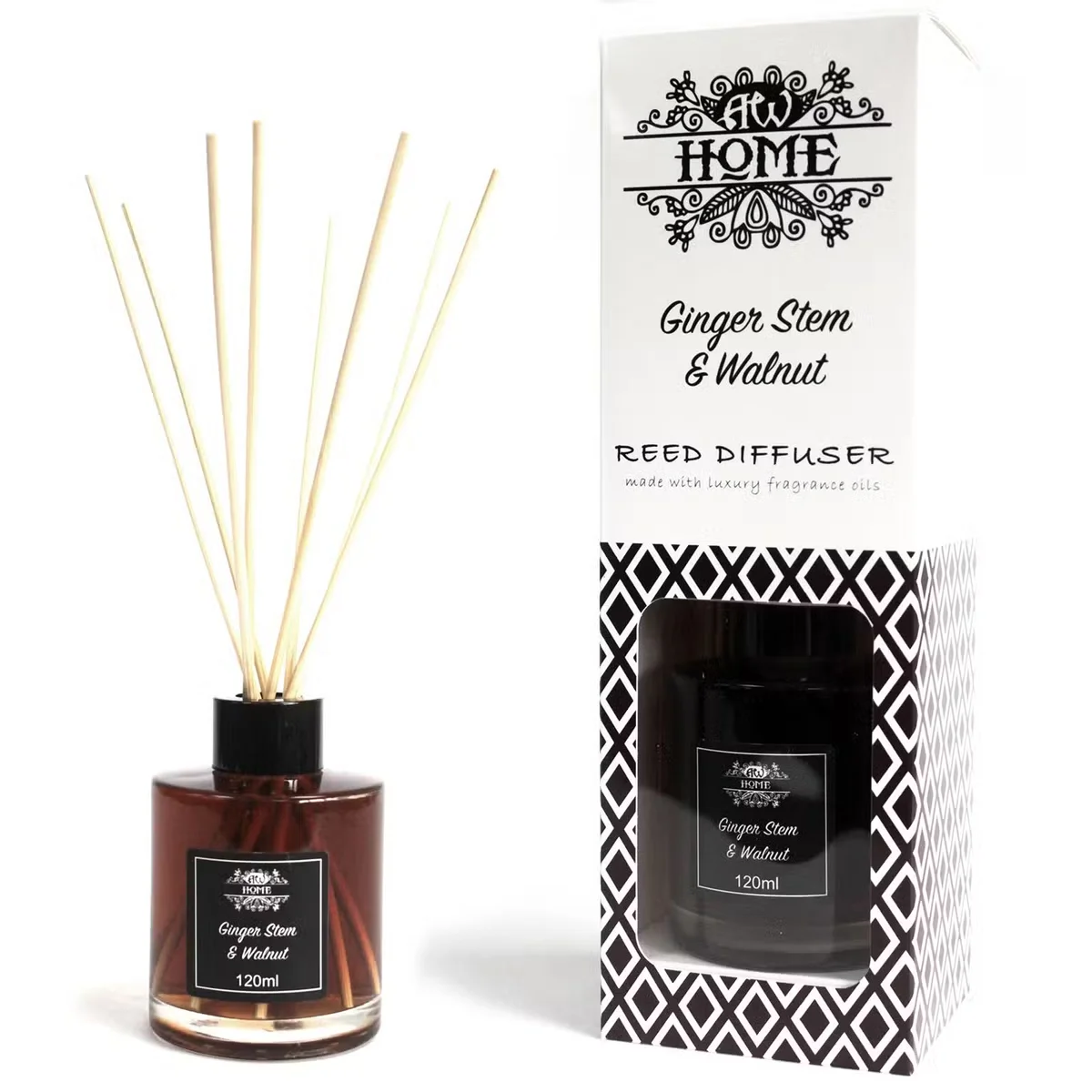 120ml ginger stem and walnut home fragrance diffuser with reeds in a clear glass bottle on a white background