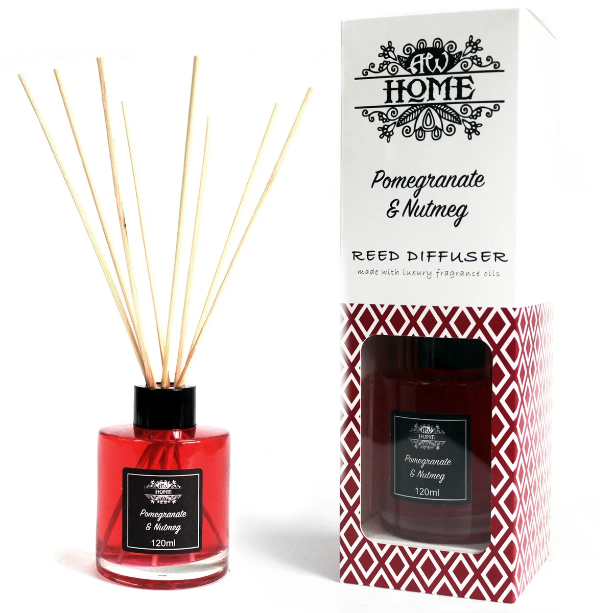120ml pomegranate and nutmeg fragrant home diffuser with reeds in clear glass bottle on white background