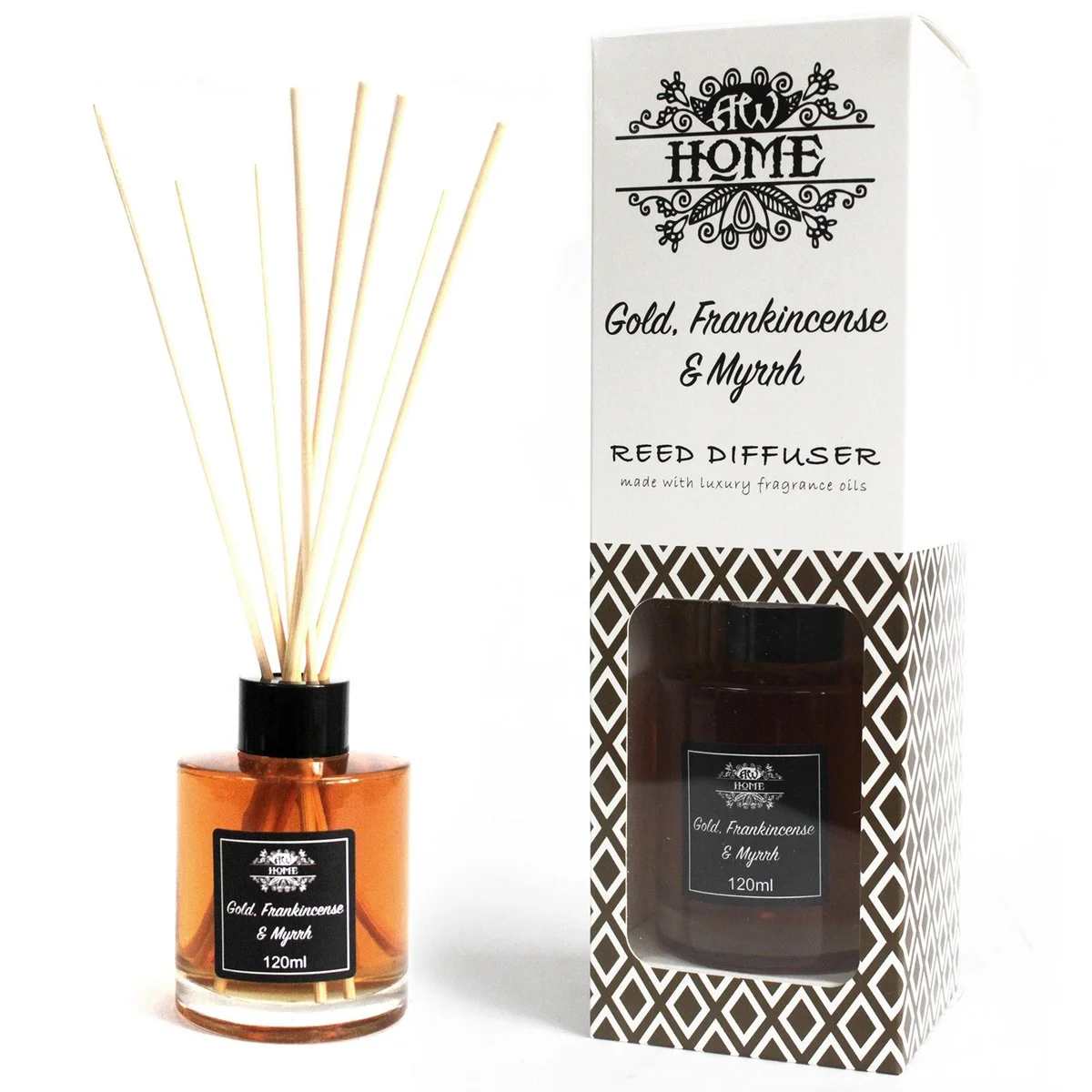 120ml gold reed diffuser with frankincense and myrrh scent and natural reeds in a clear glass bottle