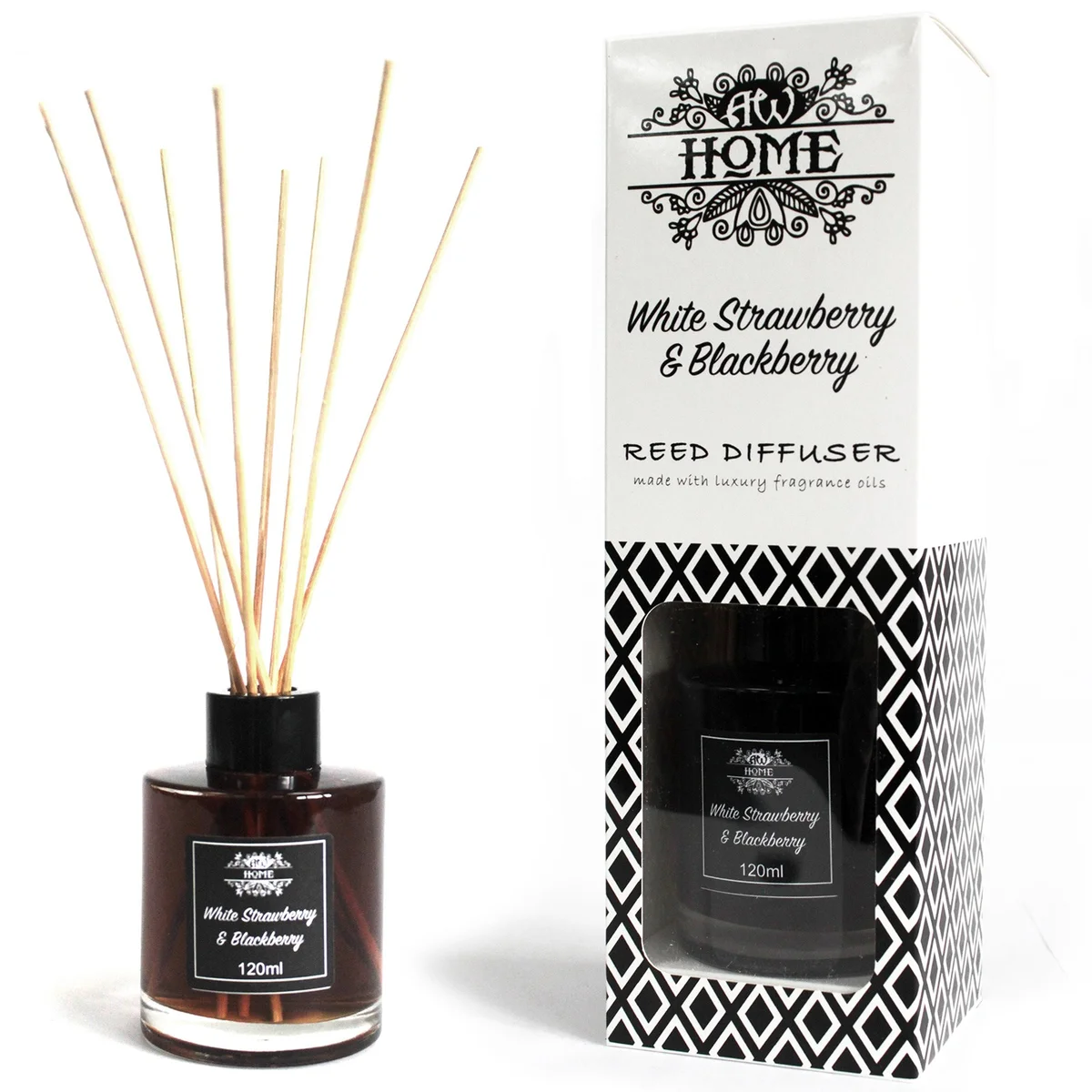 120ml reed diffuser with white strawberry and blackberry scent, featuring glass bottle and natural reed sticks on white background