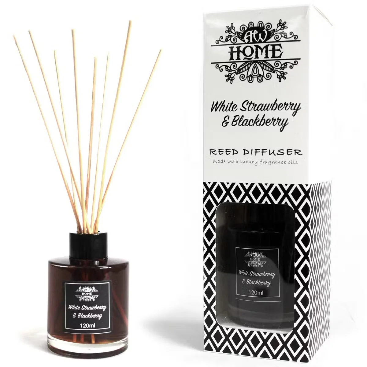 120ml white strawberry and blackberry fragrant home diffuser with reeds in clear glass bottle on white background
