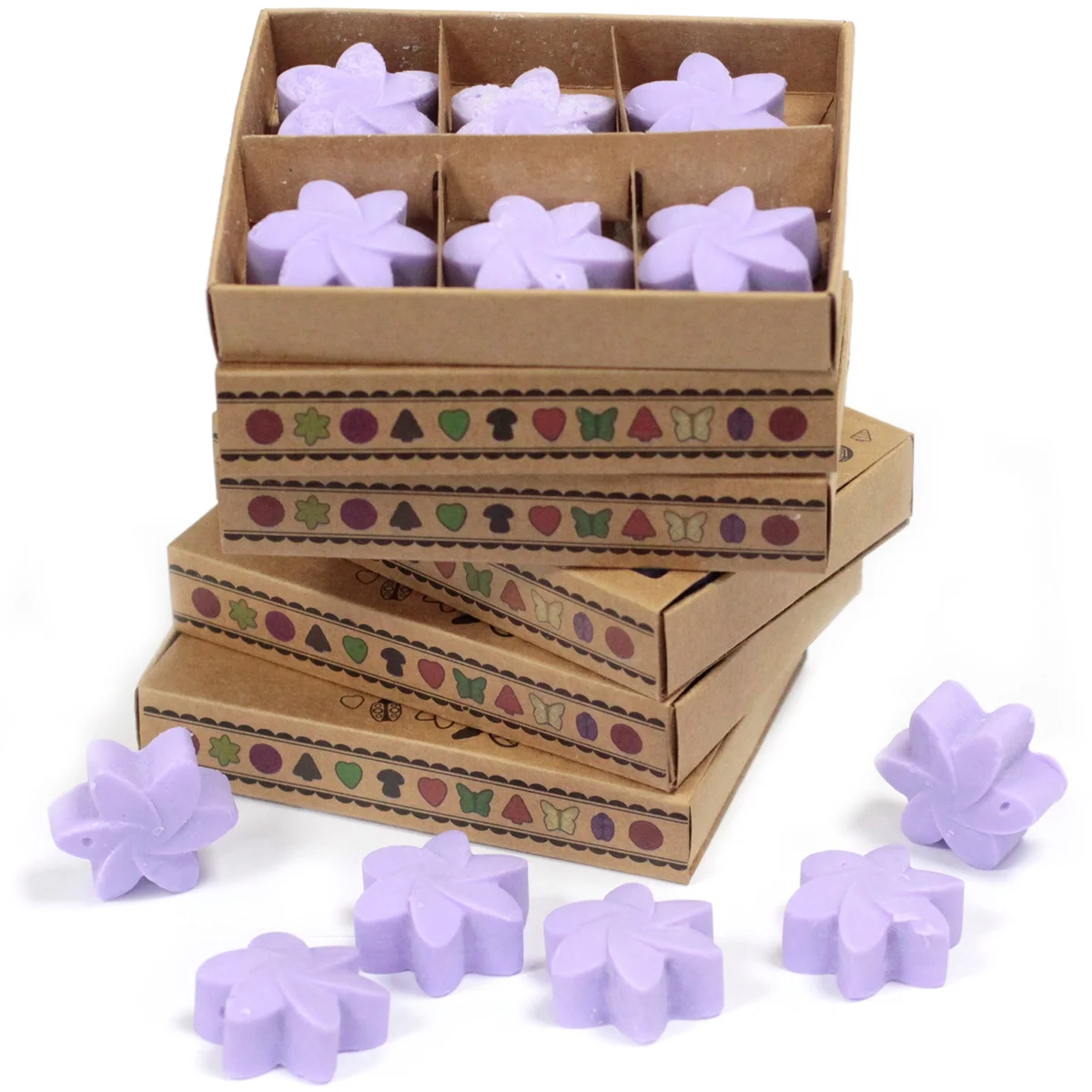 Box of six lavender fragrance melts arranged neatly with a soft purple hue and subtle floral design on each melt