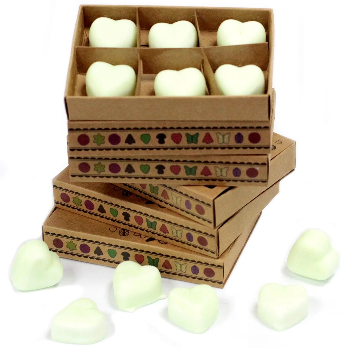Box of six apple spice wax melts in a white tray with warm, autumnal packaging background