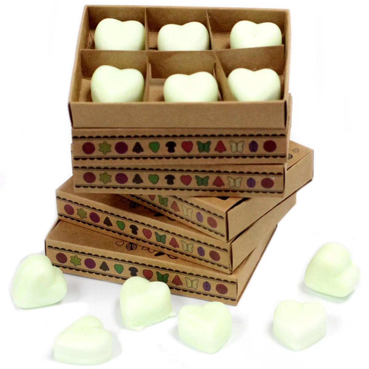 Box of 6 apple spice scented wax melts arranged in a neat row with warm, autumnal colors on a white background