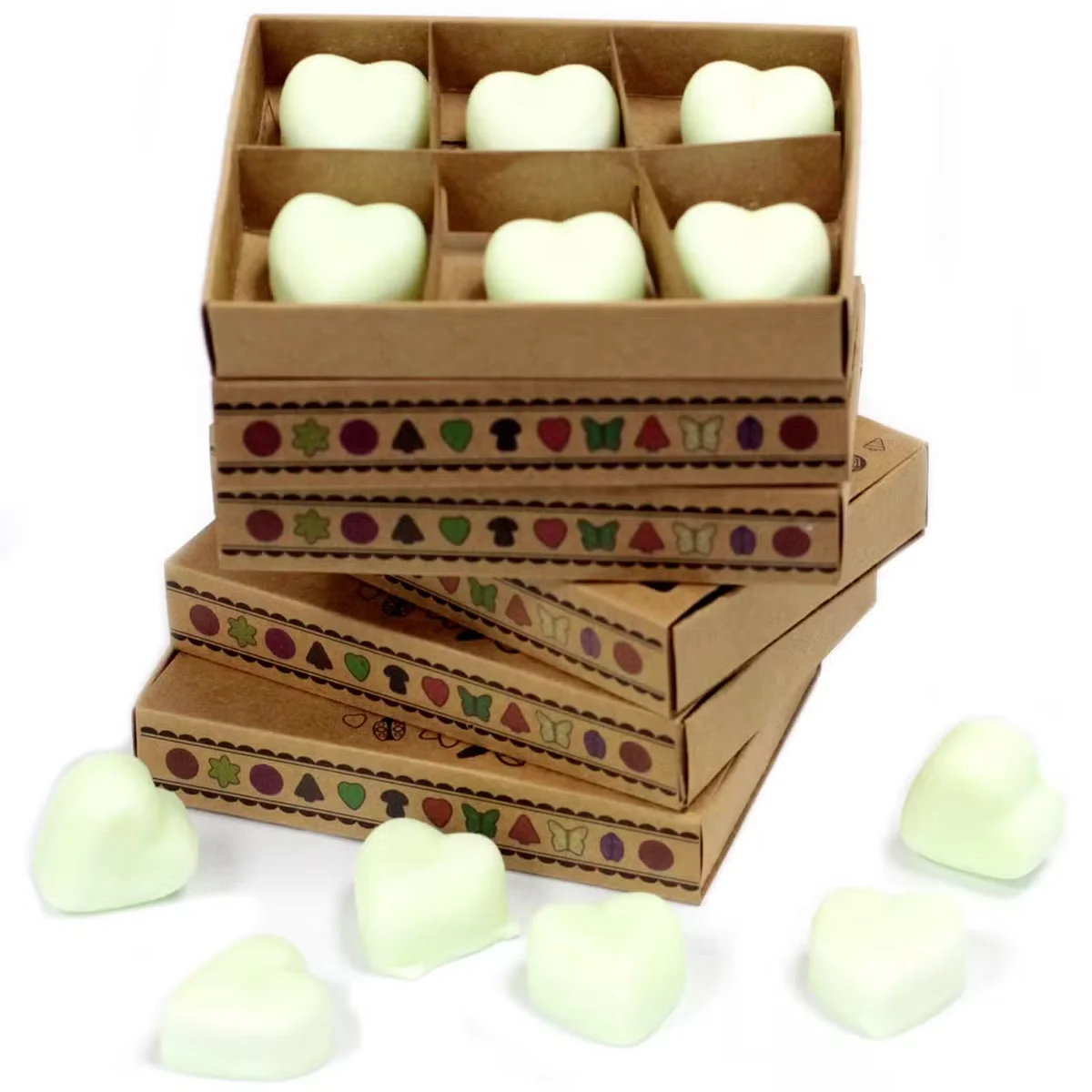 Box of 6 apple spice fragrance wax melts arranged with autumn leaves on a wooden surface