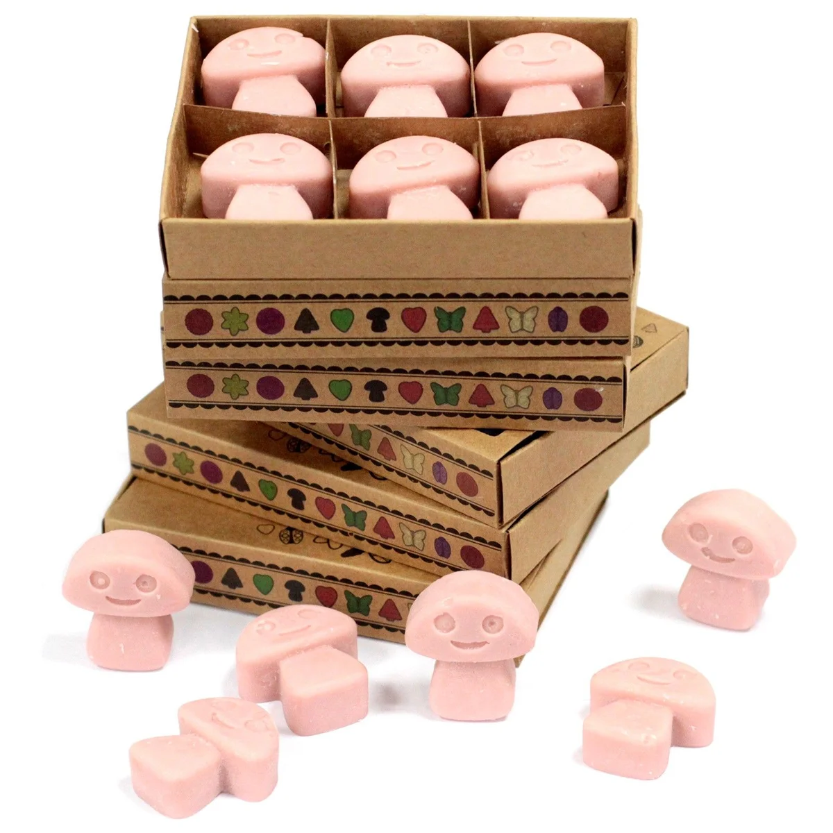 Box of 6 coffee wax melts named Coffee Trader in brown packaging arranged neatly on a white background