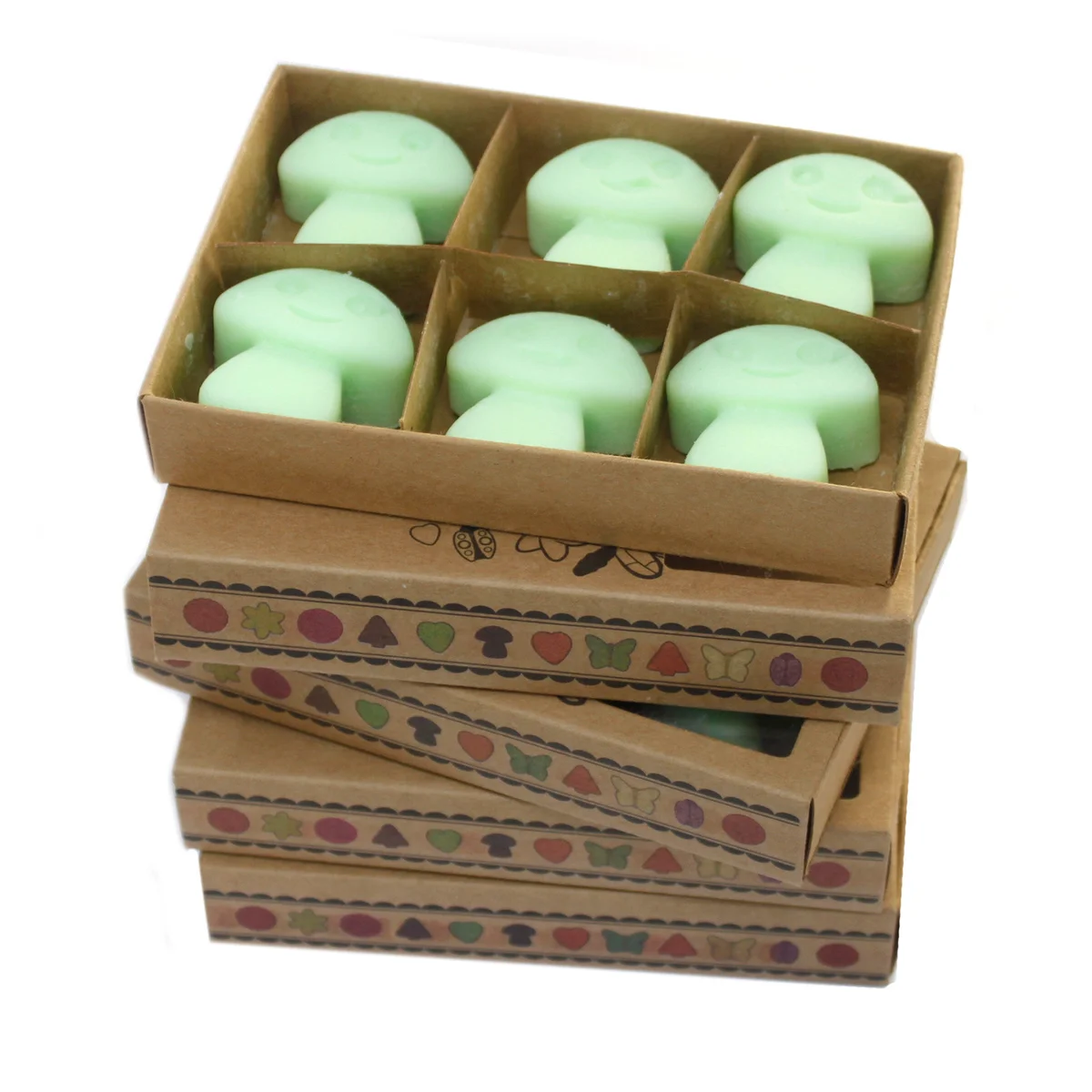 Box of 6 liquorice scented wax melts arranged neatly with a dark, glossy finish on a white background