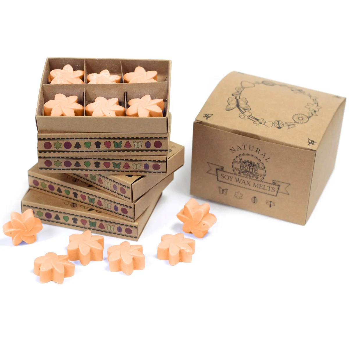 Box of 6 mango fruit scented wax melts arranged in a tray, showcasing vibrant yellow-orange wax cubes