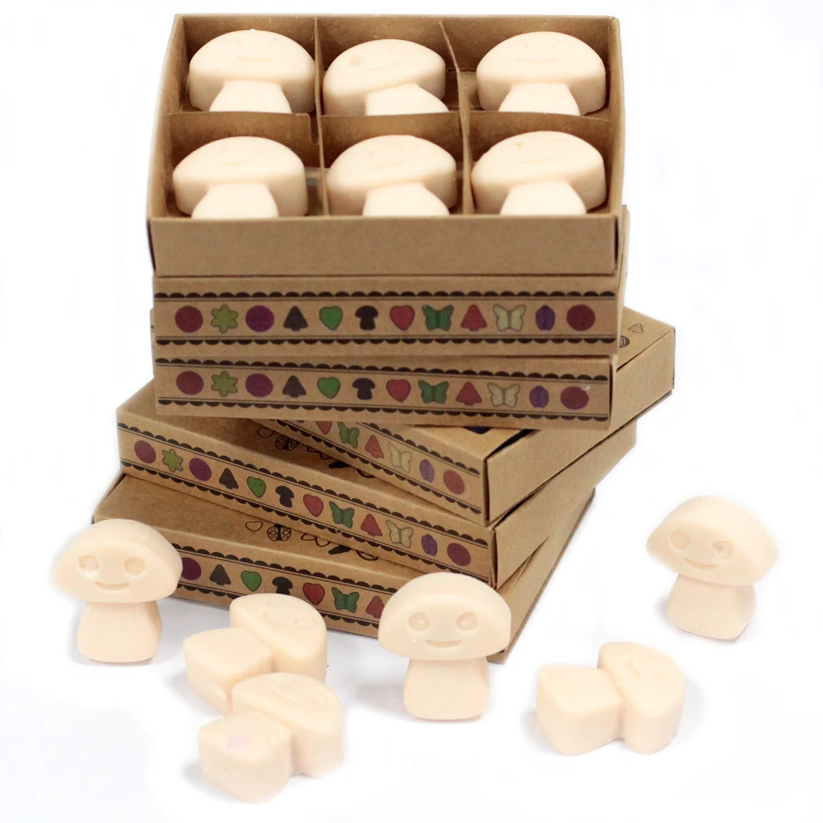 Box of 6 vanilla nutmeg scented wax melts arranged with packaging showing wax melt box label