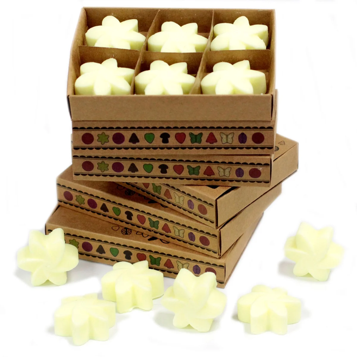 Box of 6 lemon scented wax melts in yellow, shaped like small cubes, arranged neatly in packaging for home fragrance use