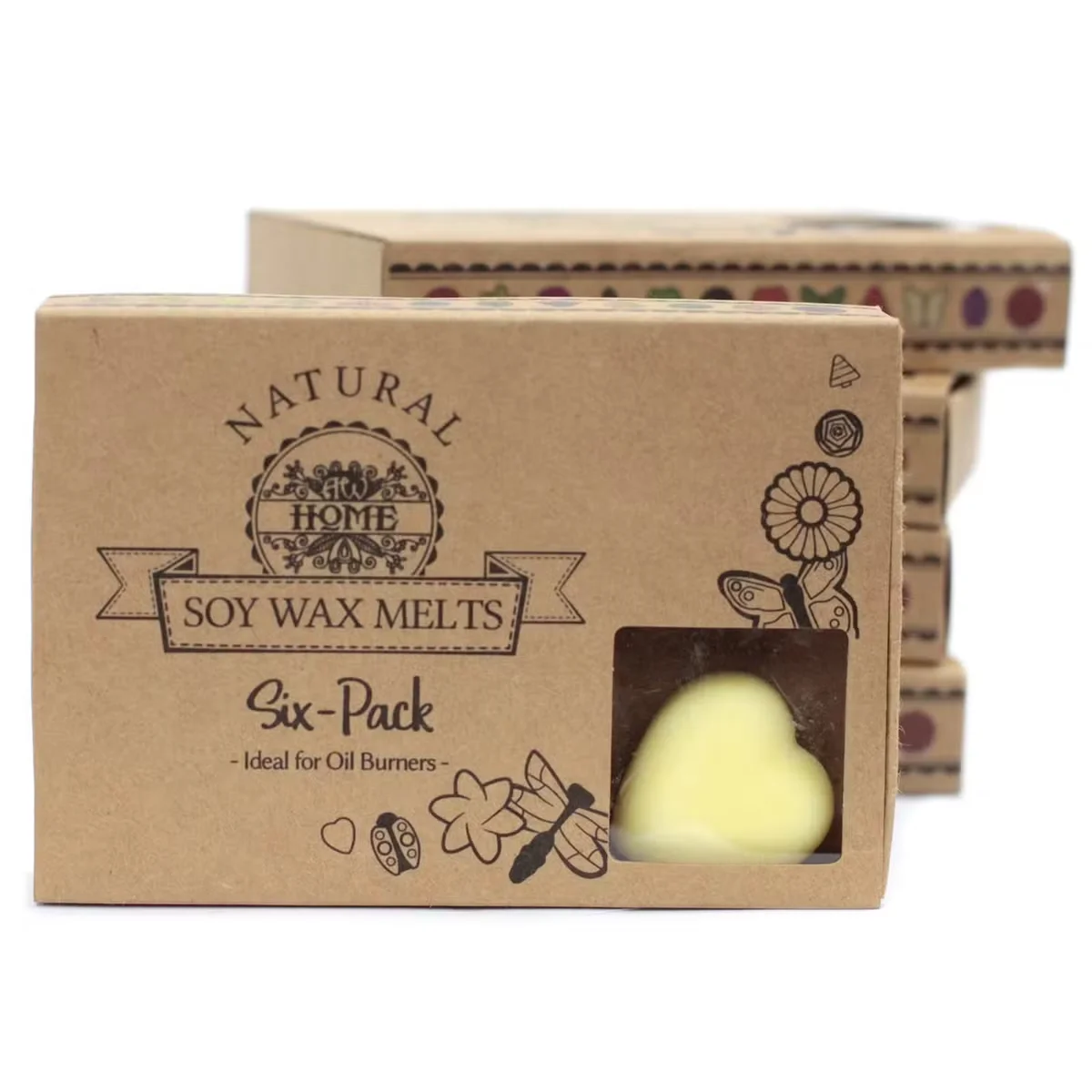 Box of 6 brandy butter scented home fragrance melts arranged in a neat row on a white background