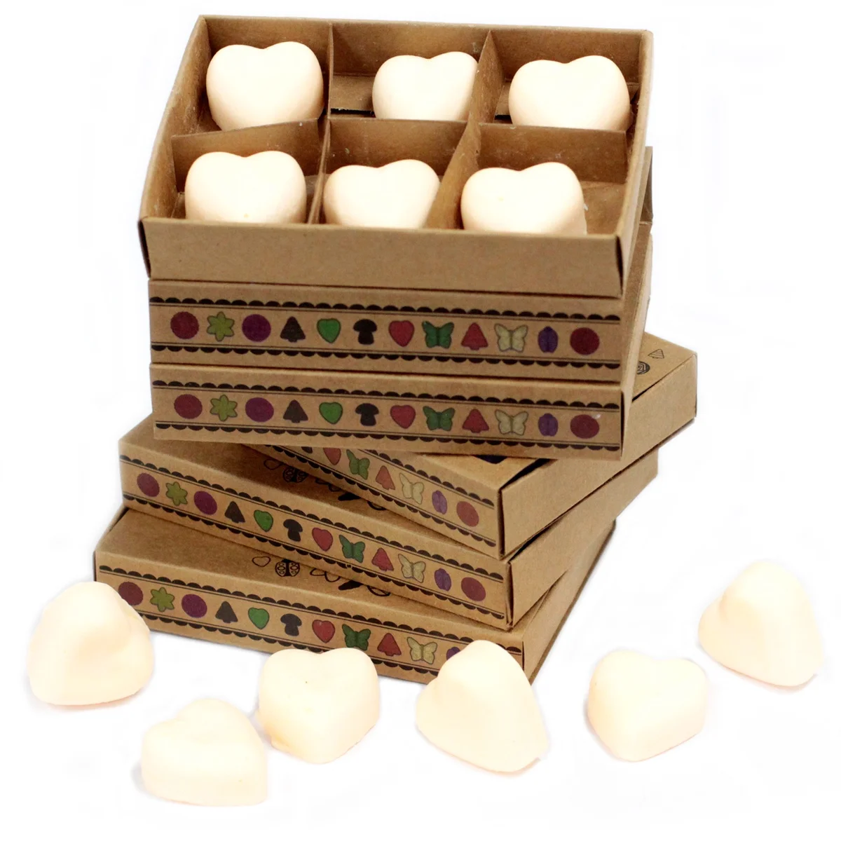 Box of 6 cinnamon and orange scented wax melts arranged neatly on a white background