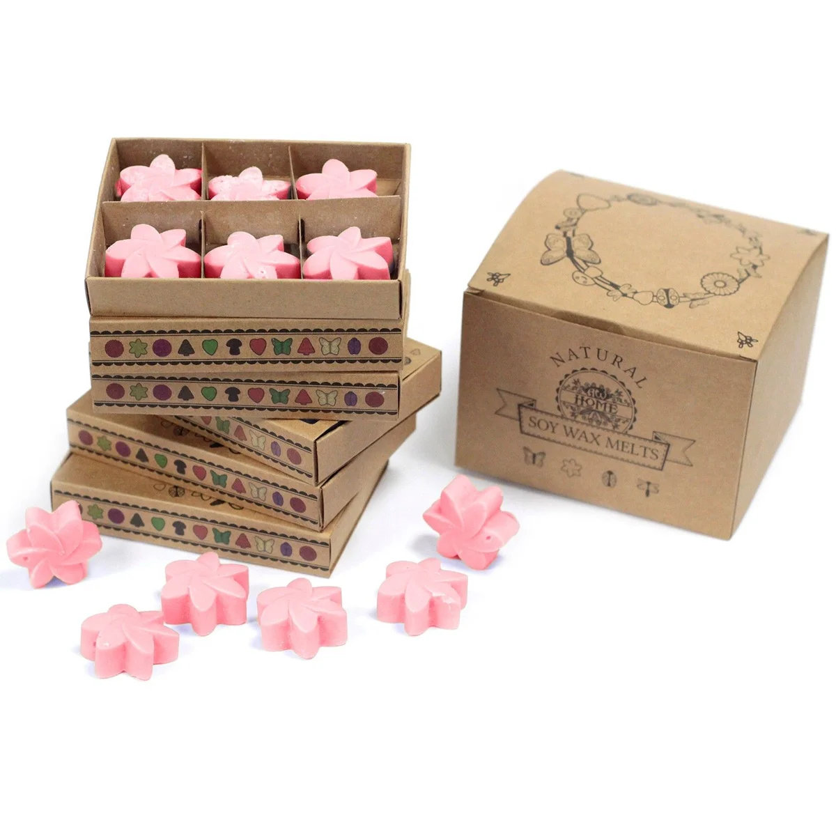 Box containing six classic rose wax melts arranged neatly for home fragrance use