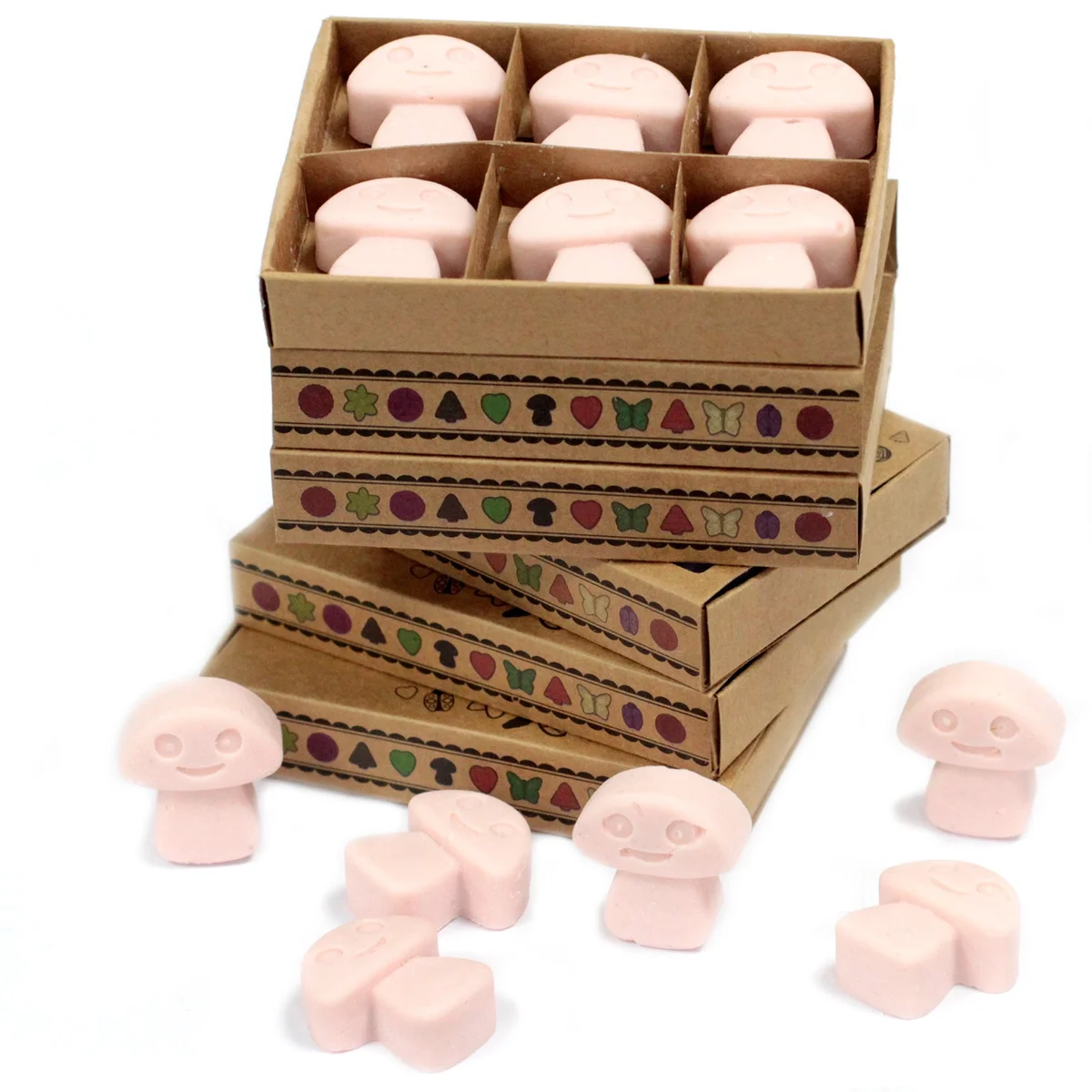 Box of six dark brown sandalwood scented wax melts arranged neatly on a white background