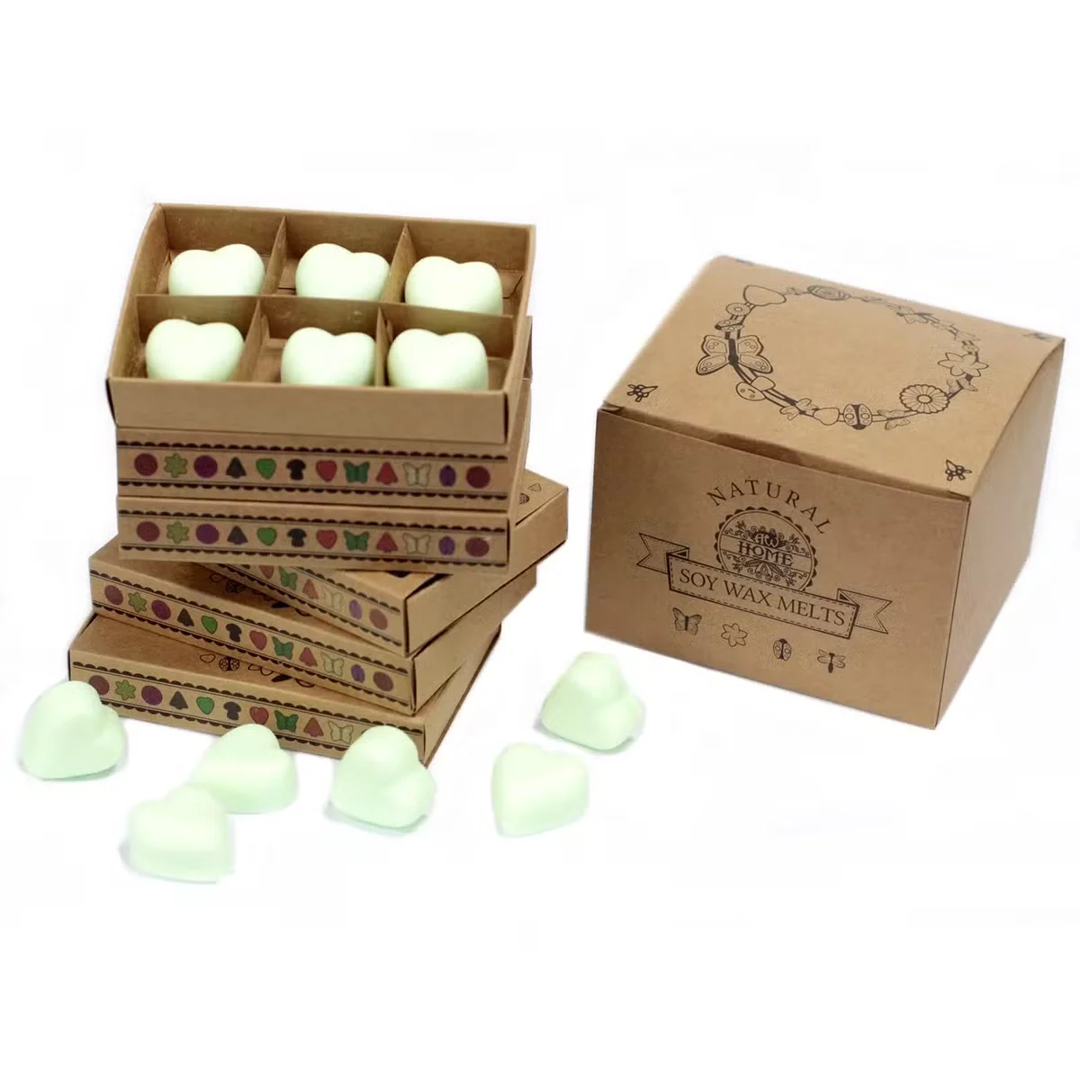 Box of 6 mint and menthol aromatic wax melts arranged on a white surface with fresh mint leaves nearby