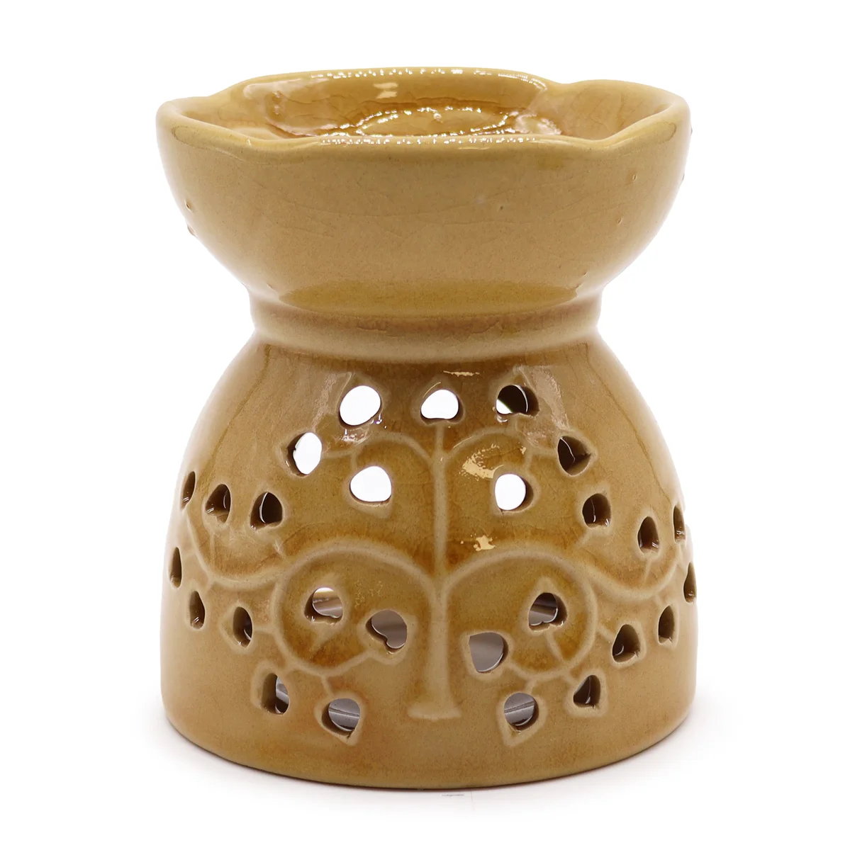 Honey‑coloured tree of life oil burner decor with branching design and a round pot.
