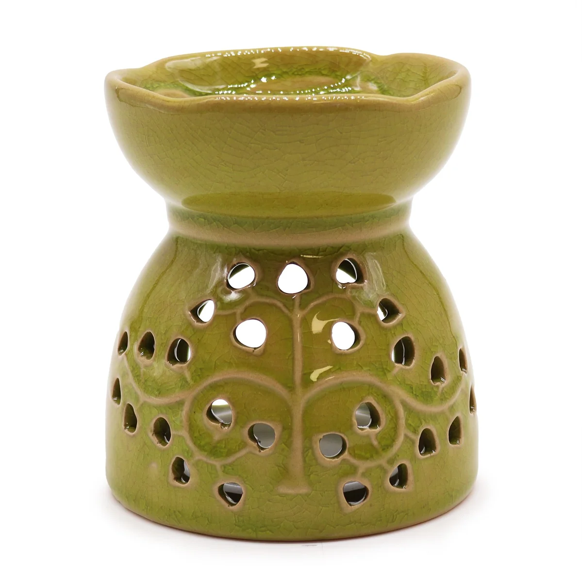 Lime coloured Tree of Life oil burner with detailed leaf design.