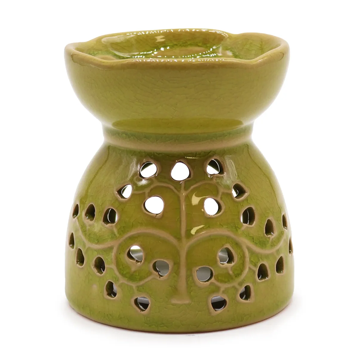 Lime oil burner shaped like a tree of life, sleek design with round base and branching wooden details.