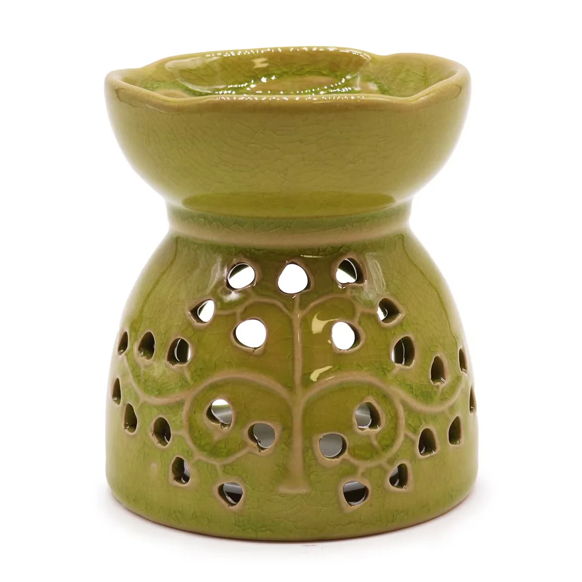 Lime‑coloured Tree of Life aromatherapy oil burner with branching design on base