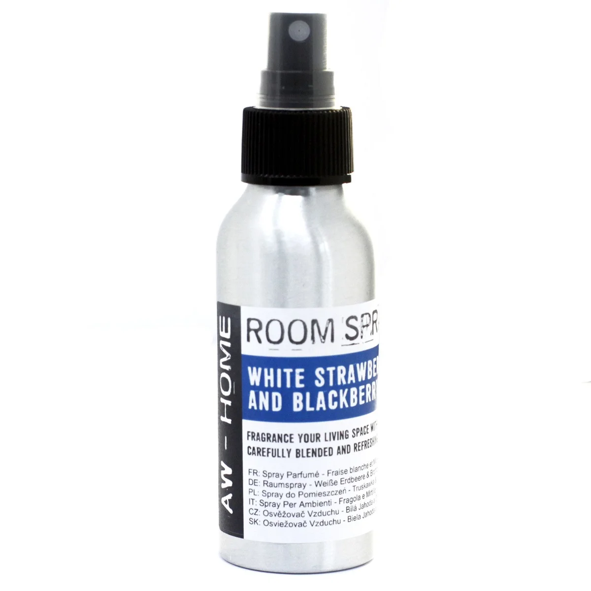Clear 100ml spray bottle labeled white strawberry & blackberry, showing a white strawberry room spray