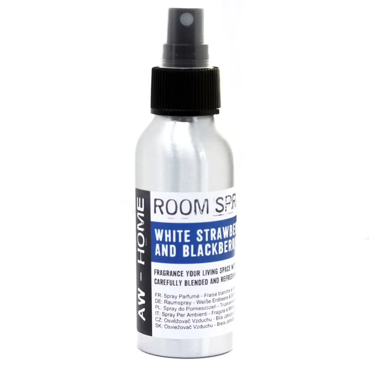 White bottle of 100ml home fragrance spray featuring strawberry and blackberry scent.