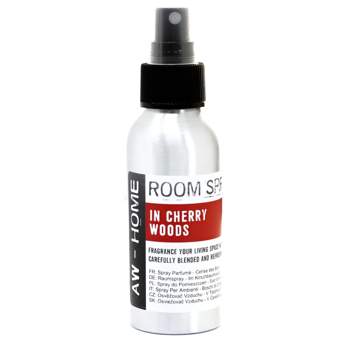 Clear 100ml room spray bottle labeled ‘Cherry Woods’ with silver cap, showcasing its Cherry Woods scent
