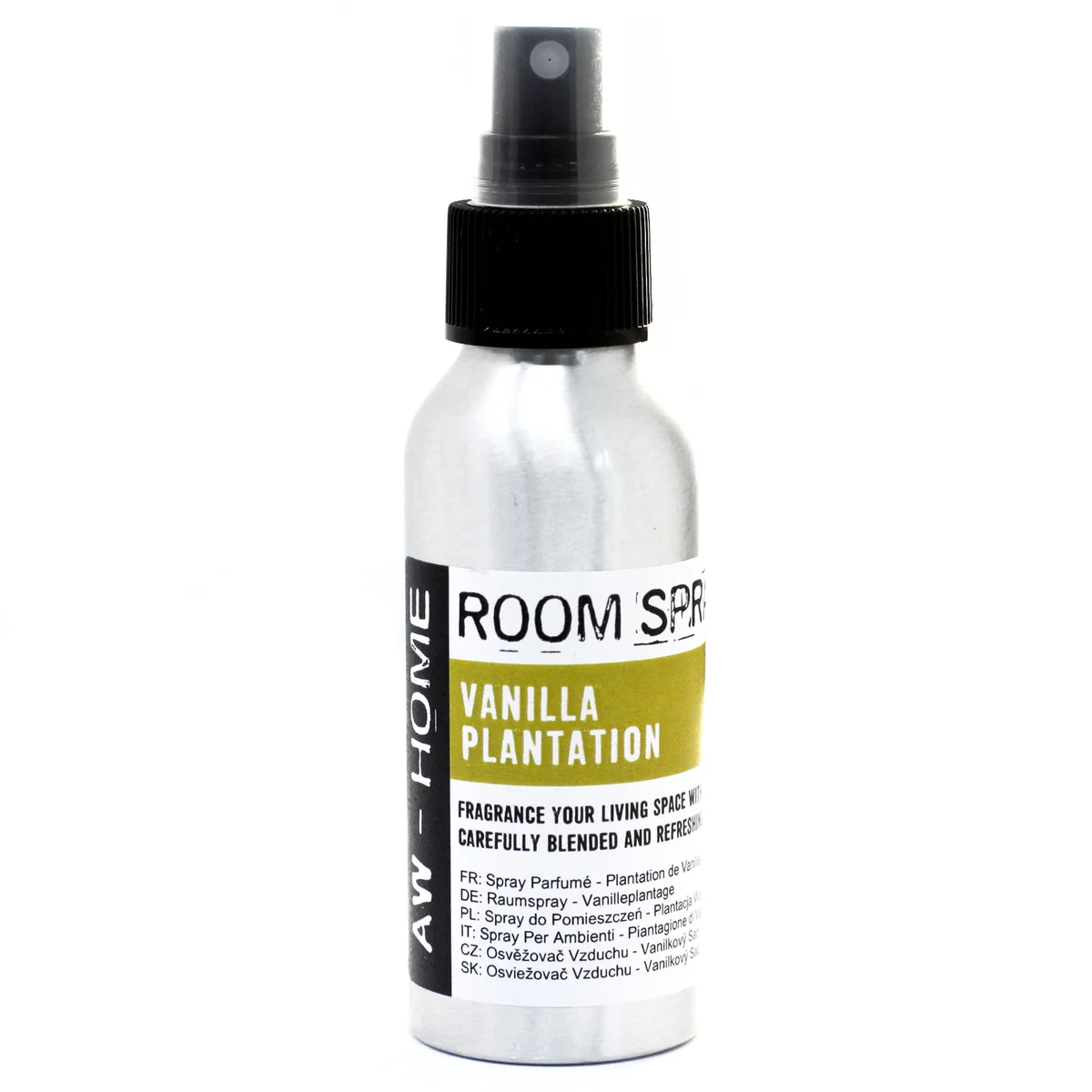 Transparent 100ml room spray bottle with Vanilla Plantation label and sprayer nozzle