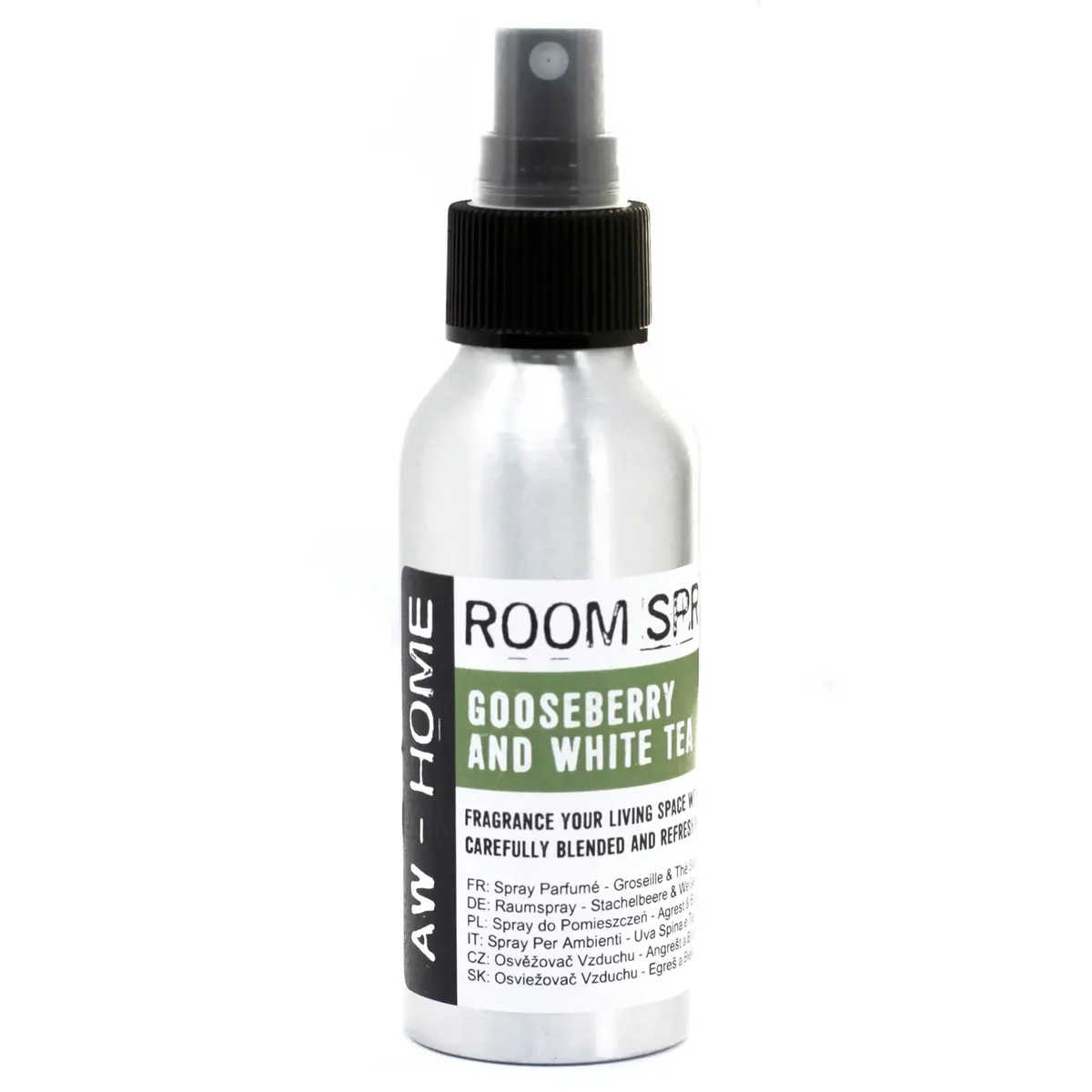 Glass bottle of 100ml room spray with gooseberry and white tea label