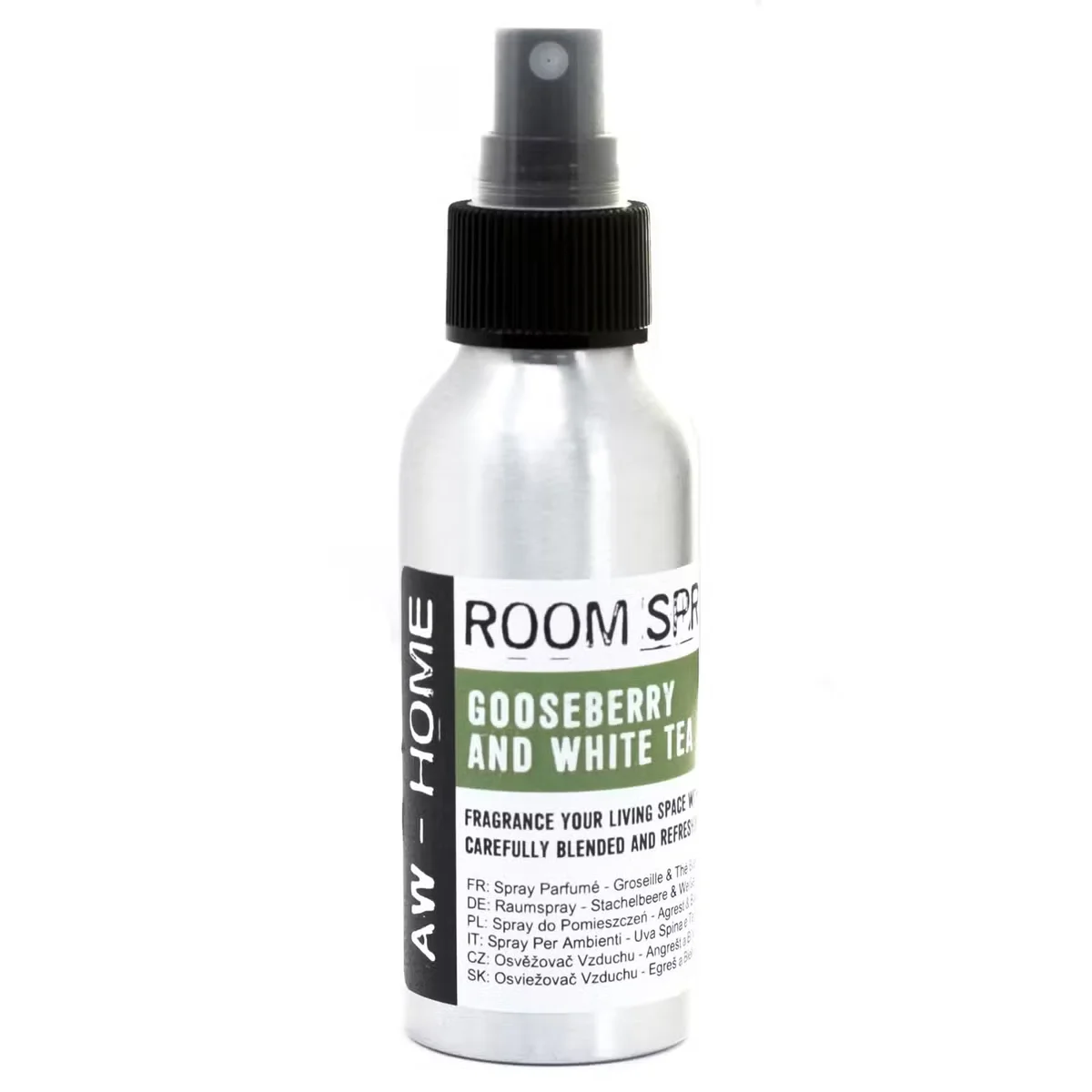 100ml spray bottle with green label featuring 'Gooseberry & White Tea', labelled for room spray with white tea scent.