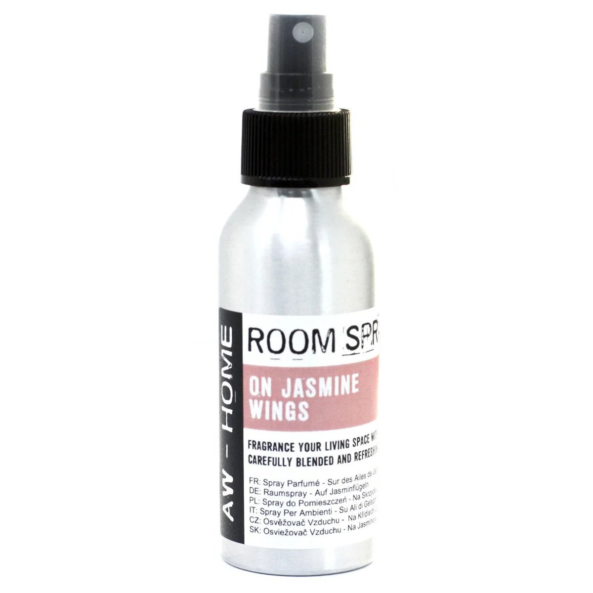 Clear 100ml room spray bottle with “On Jasmine Wings” label and floral design, jasmine room spray.