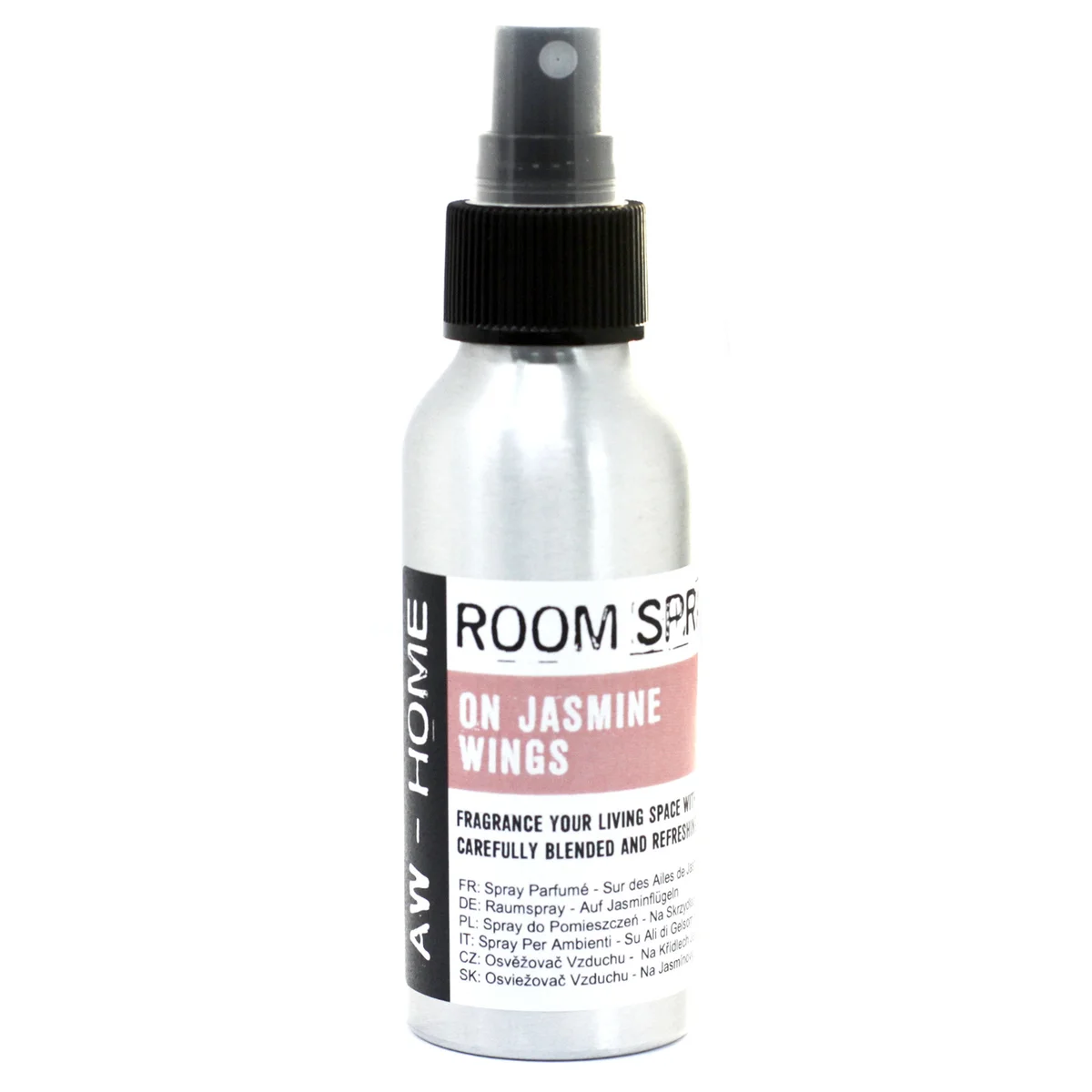Glass 100ml room spray bottle, labelled 'On Jasmine Wings', with minimal design, ready to spritz into home fragrance.