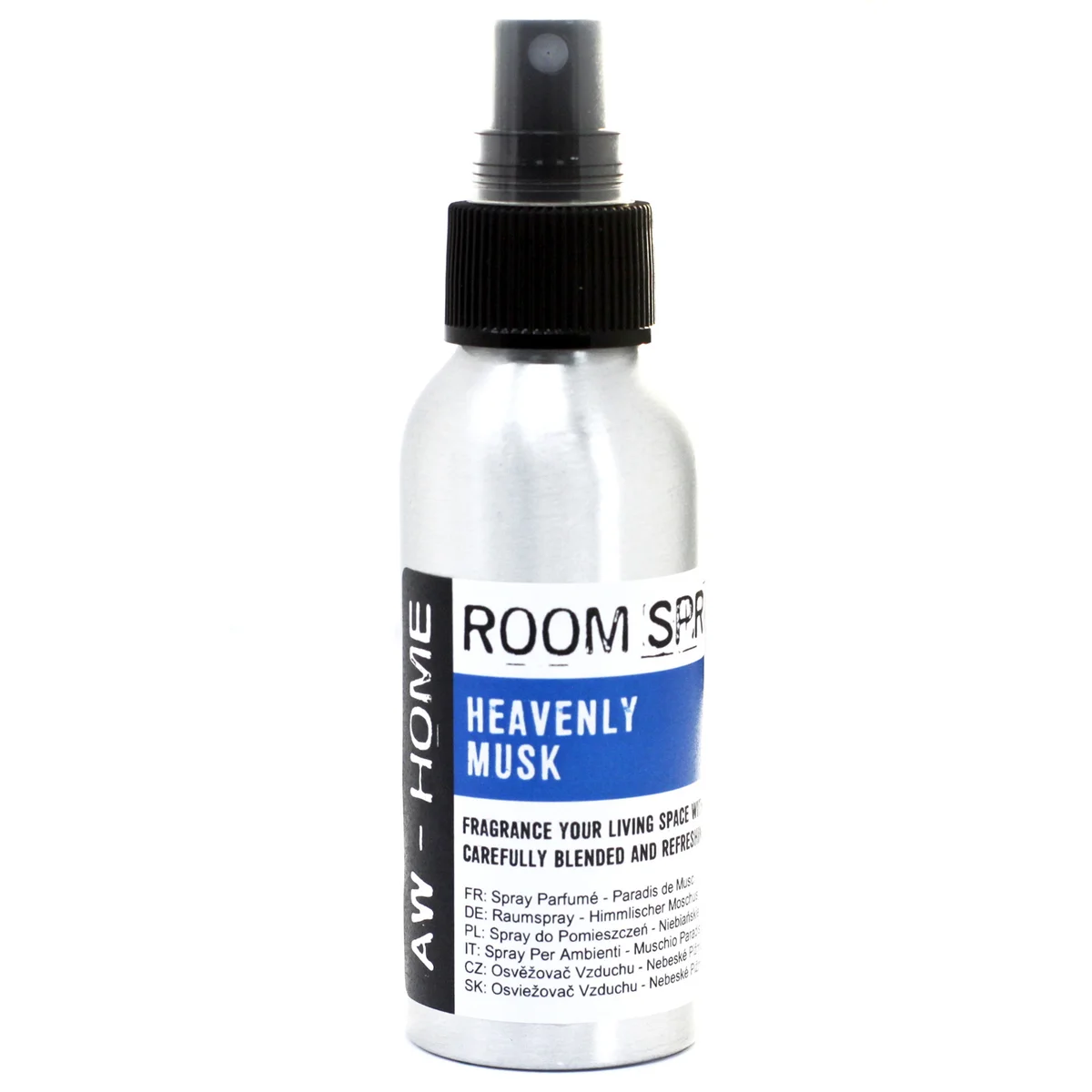 Silver‑capped 100 ml room spray bottle labeled Heavenly Musk, showcasing a musk scented spray