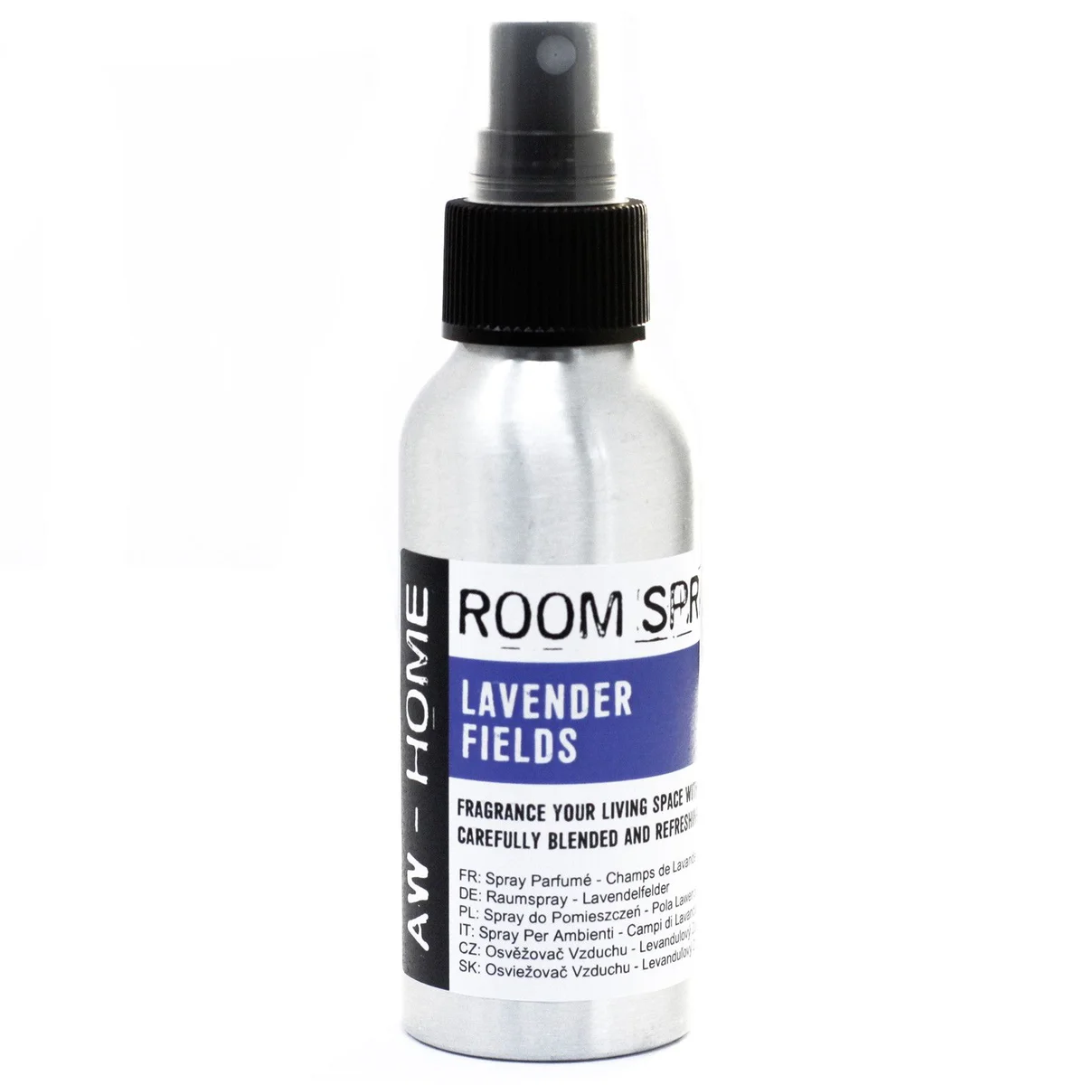 White 100ml bottle labeled “Lavender Fields” with purple nozzle, displayed against neutral background: lavender room spray.