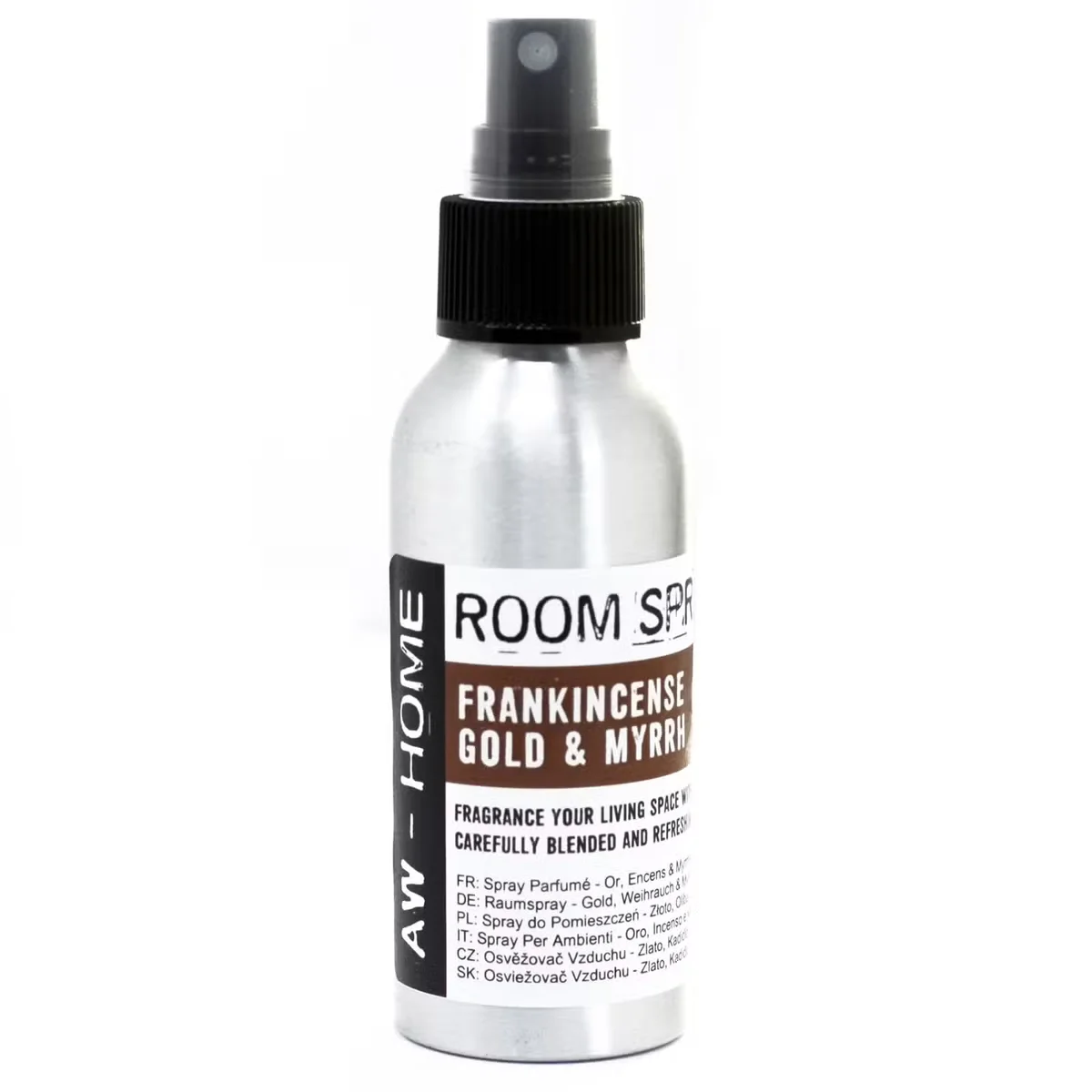 Gold 100ml room spray bottle with fine spray nozzle.