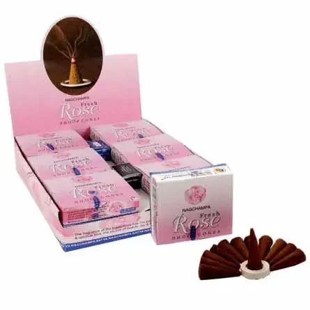 Fresh rose dhoop cones displayed in a clear container, ready to use