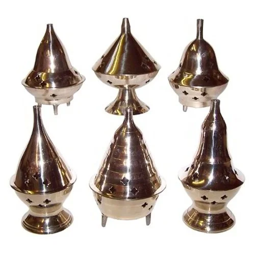 Brass incense burner showcased, assorted style, metallic finish, stands on small pedestal.