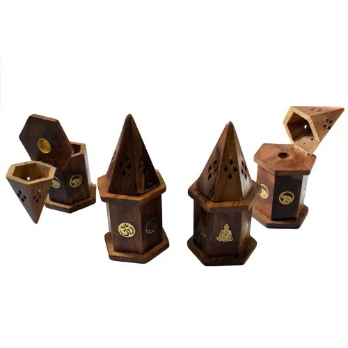 Pyramid incense house in miniature, sleek design with Shesham branding, ideal for incense warmth.