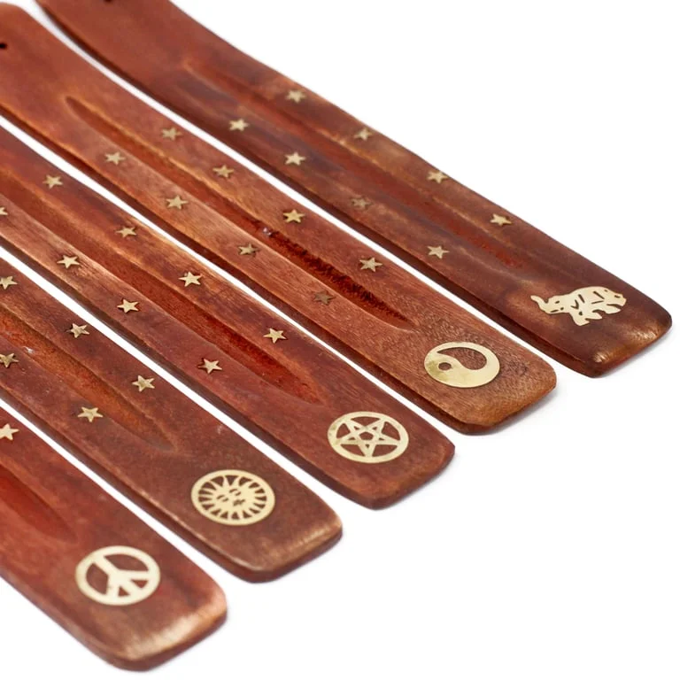 Brass inlaid ashcatcher decor in mango wood, featuring ornate metal detailing on a wooden base